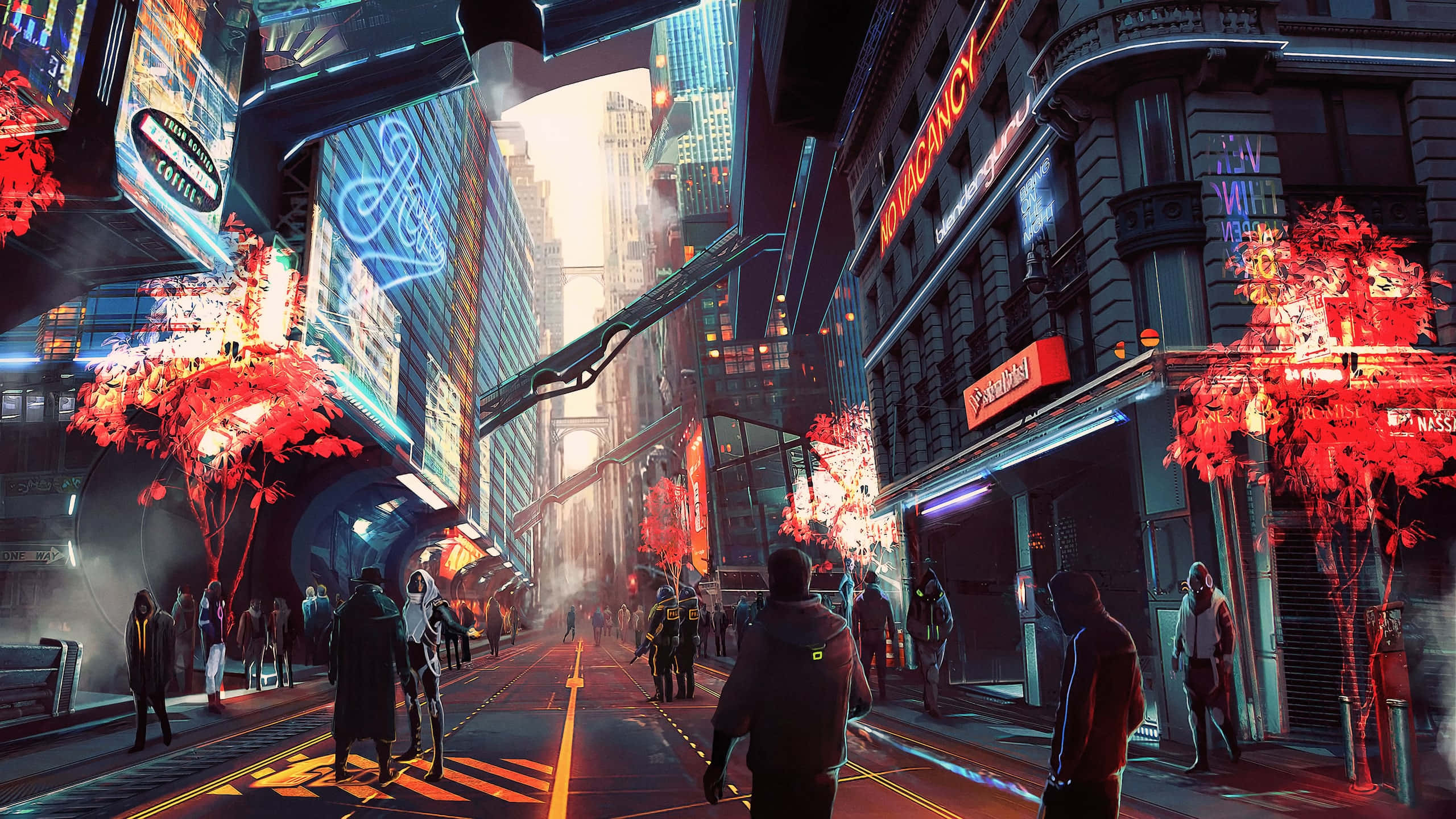 neon reds, neon blues, glowing signs, 2K Desktop Wallpaper