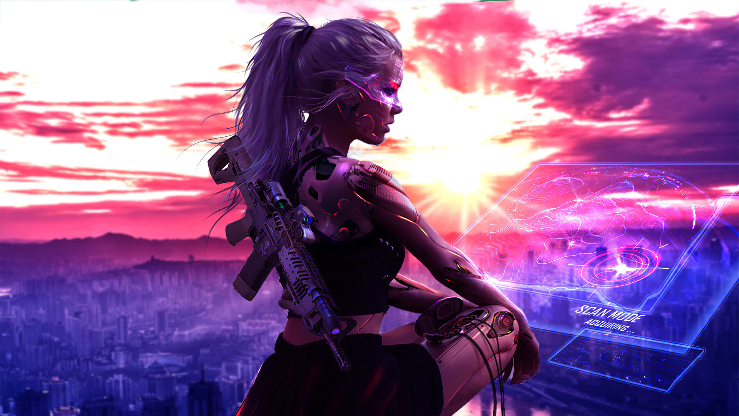 cybernetic warrior, glowing eyes, rifle, 2K Desktop Wallpaper