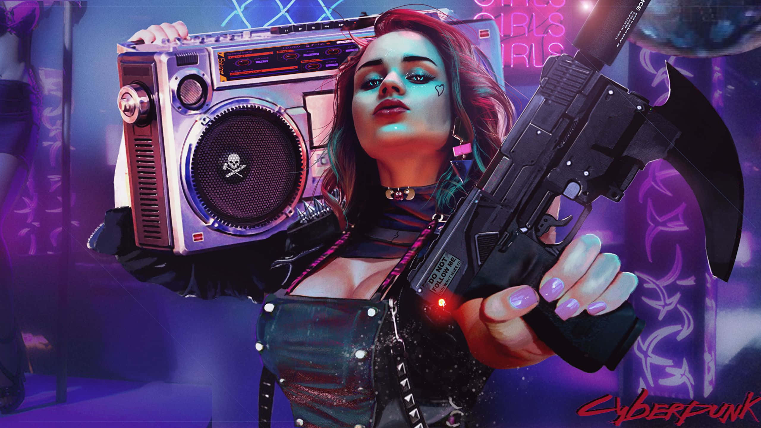 cyberpunk woman, glowing makeup, boombox, 2K Desktop Wallpaper