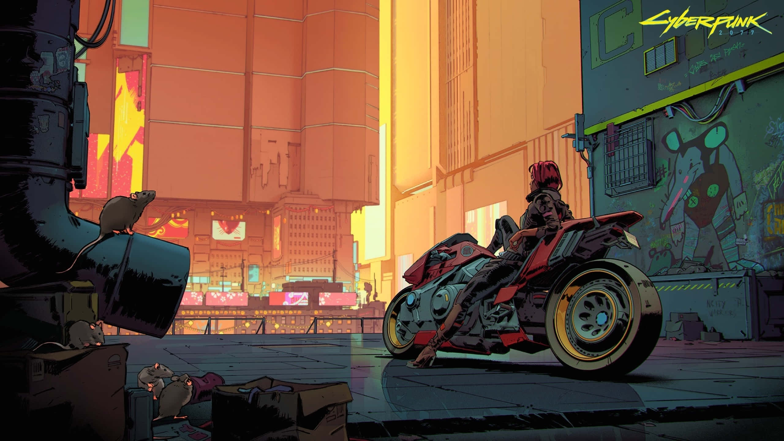 cyberpunk, red motorcycle, neon-drenched alleyway, 2K Desktop Wallpaper