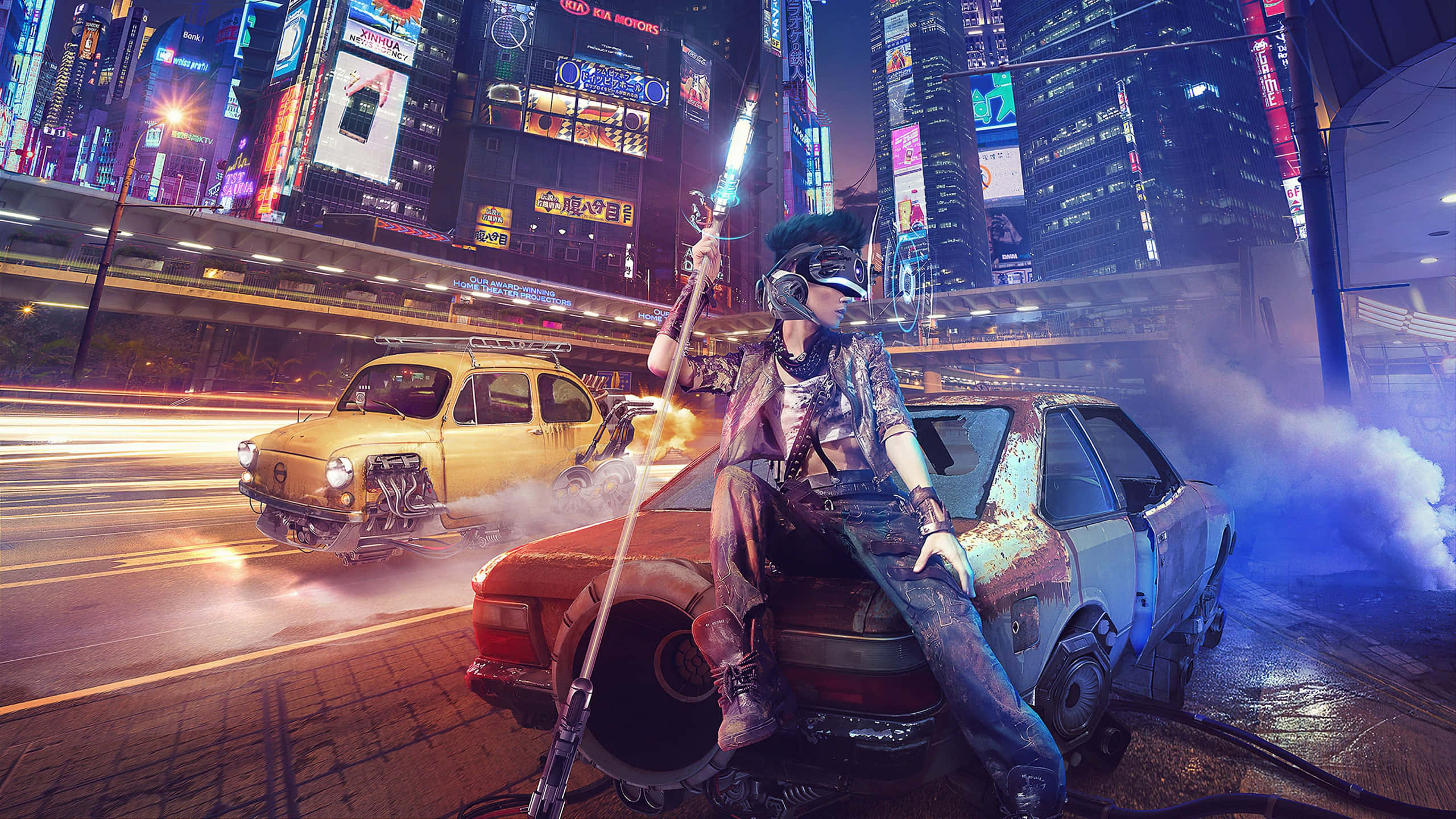cyberpunk warrior, glowing sword, wrecked car, 2K Desktop Wallpaper