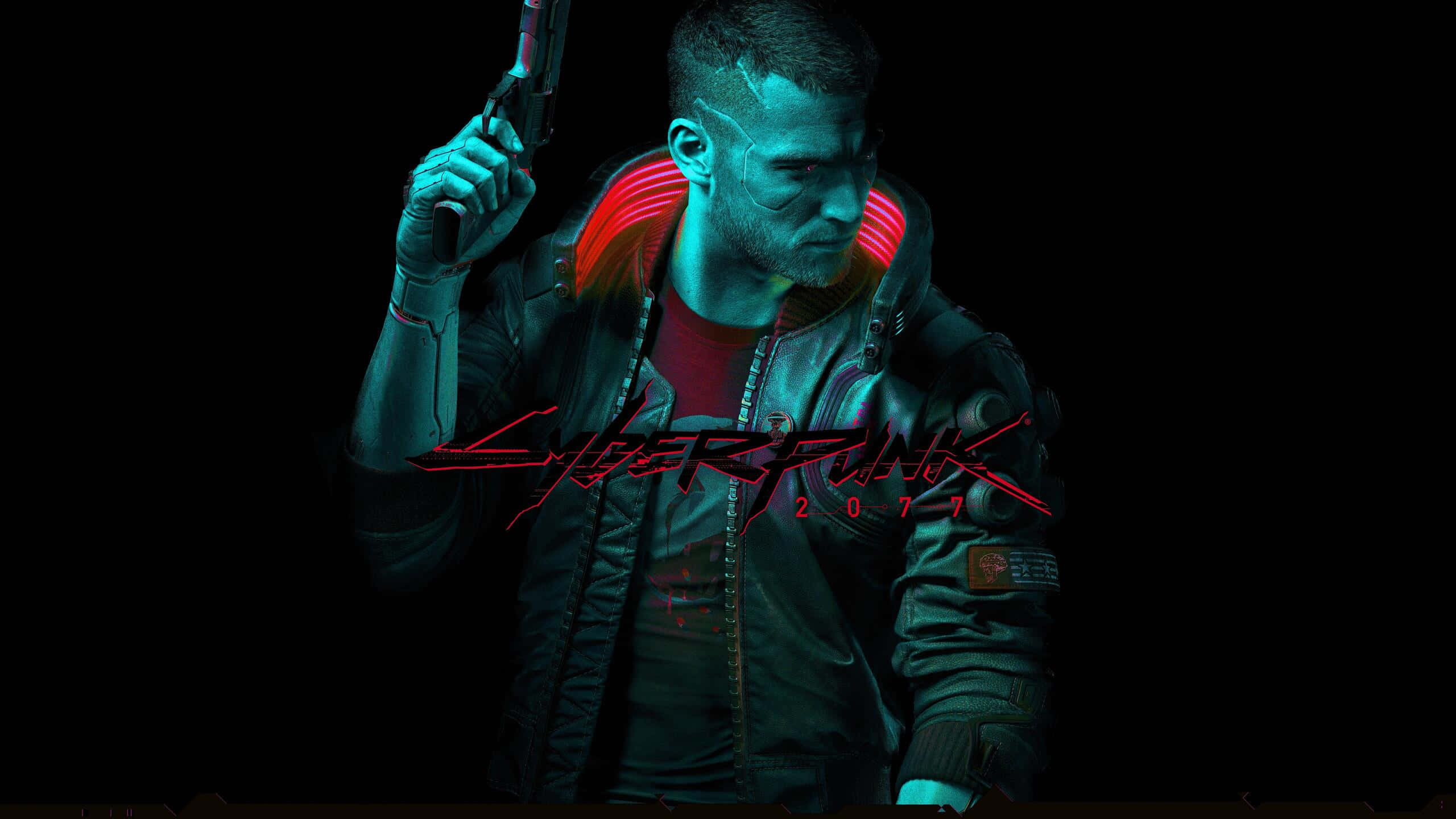 cyberpunk, glowing jacket, pistol, 2K Desktop Wallpaper
