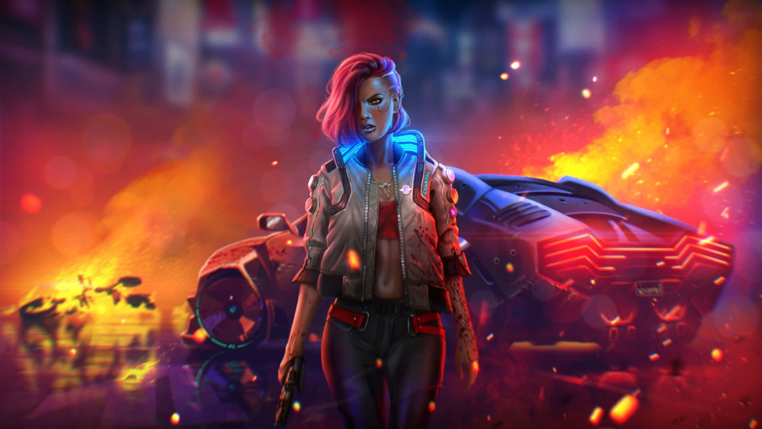 cyberpunk woman, pink hair, glowing futuristic car, 2K Desktop Wallpaper
