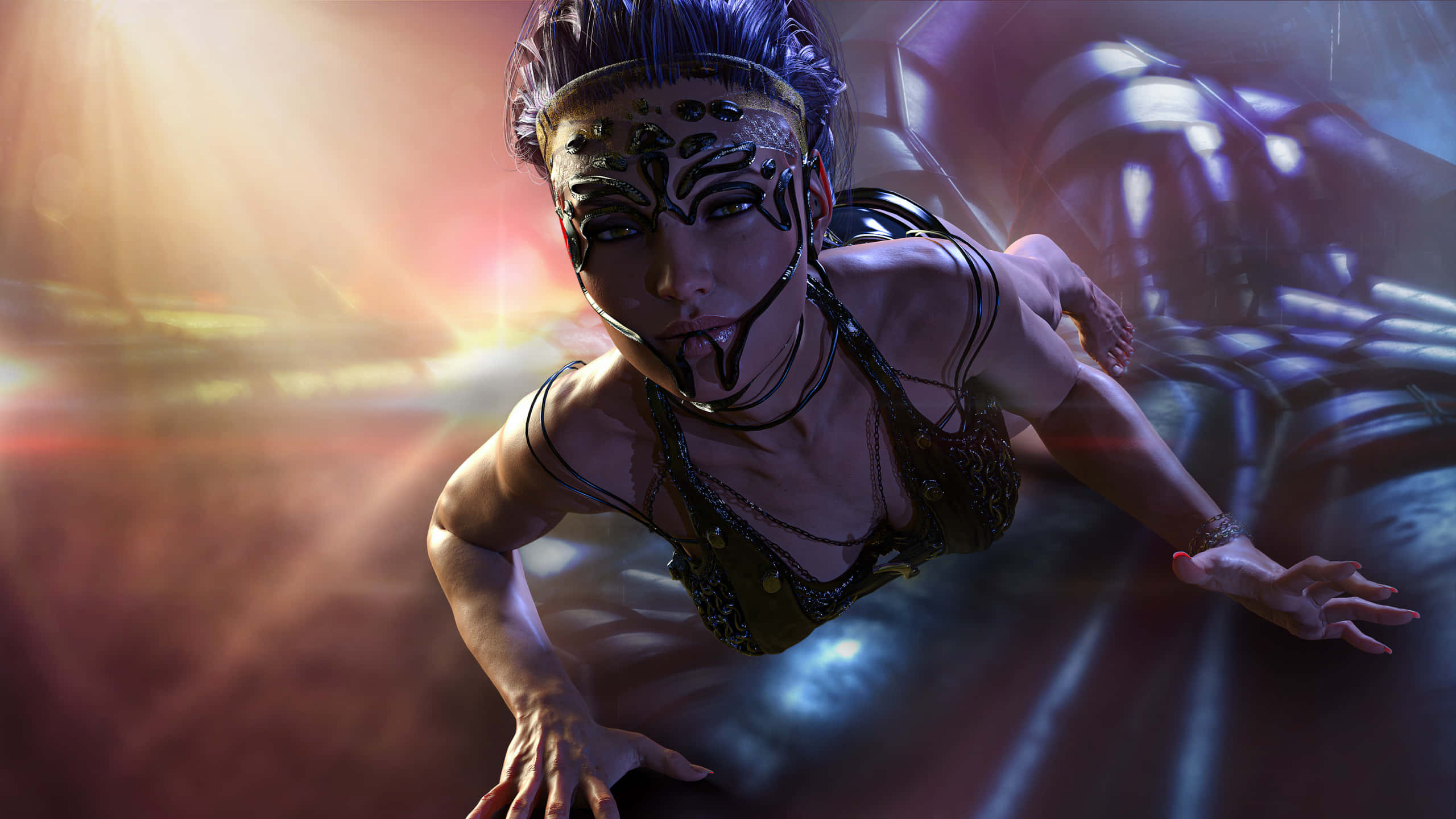 cyberpunk woman, glowing tattoos, futuristic gear, 2K Desktop Wallpaper