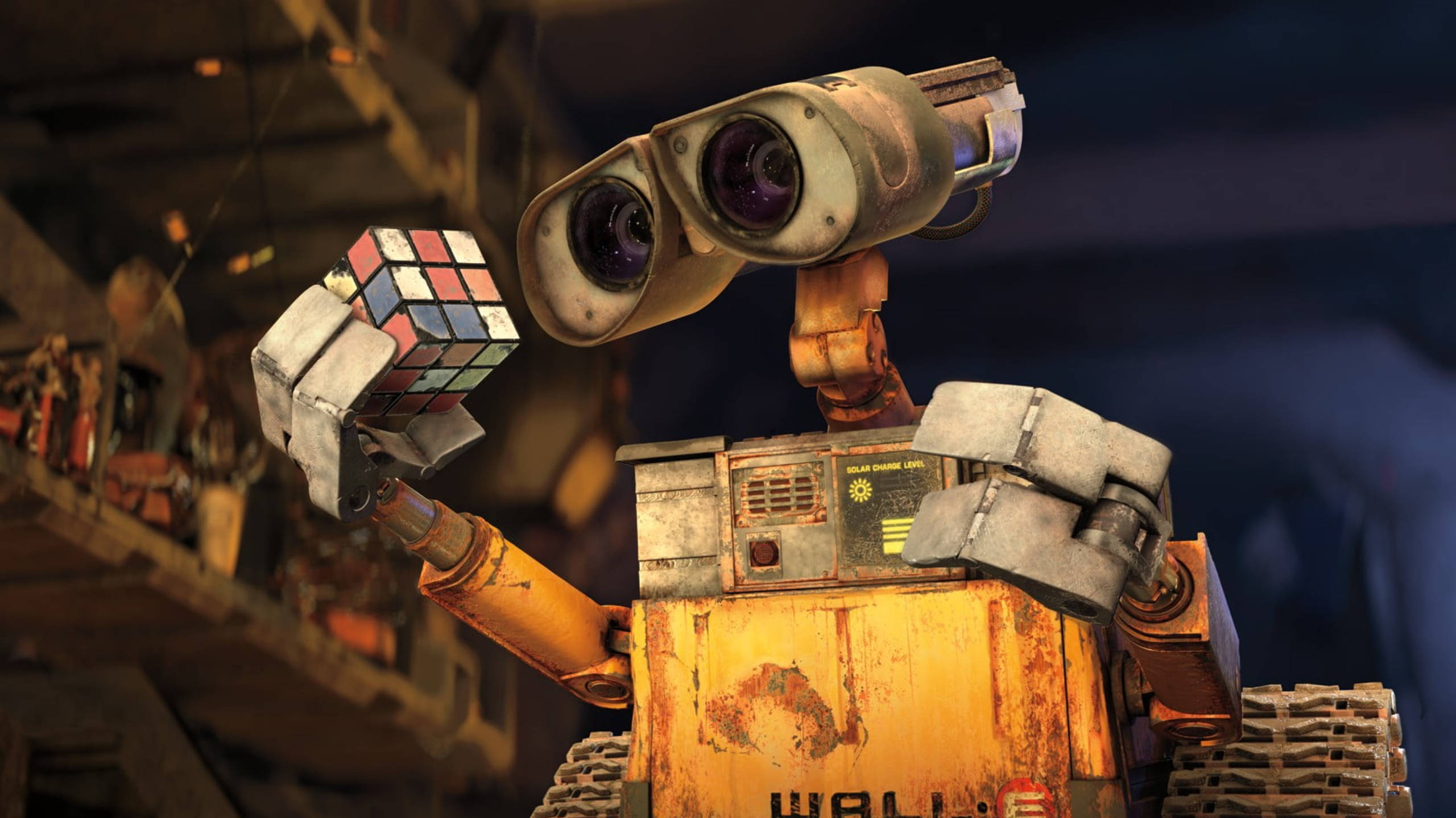 Wall-E, rusty yellow robot, big binocular eyes, 2K Desktop Wallpaper