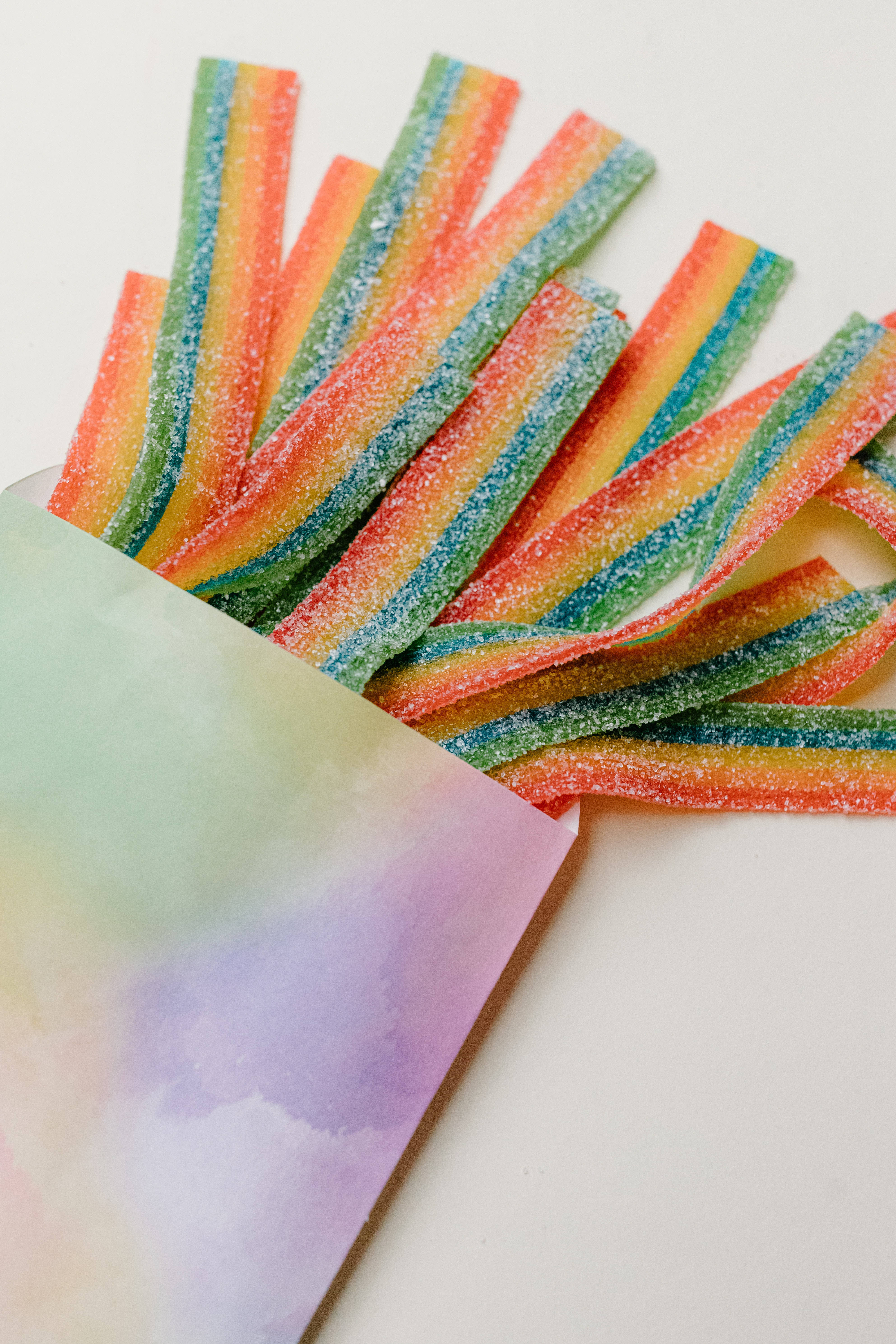 Sour Tape Candies, rainbow gummy candies, pastel watercolor bag, 5K Phone Wallpaper