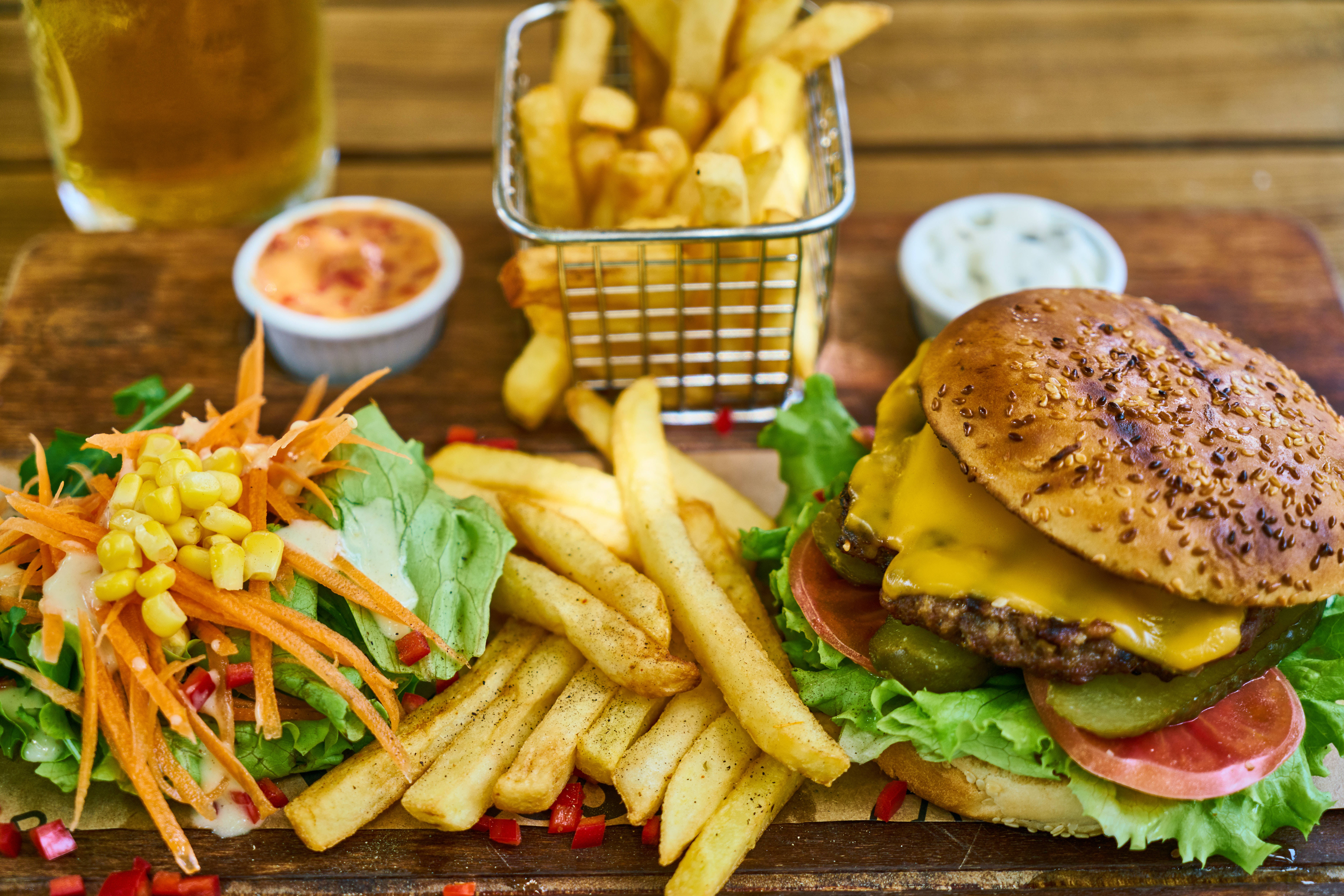 cheeseburger, fries, salad, 5K Desktop Wallpaper