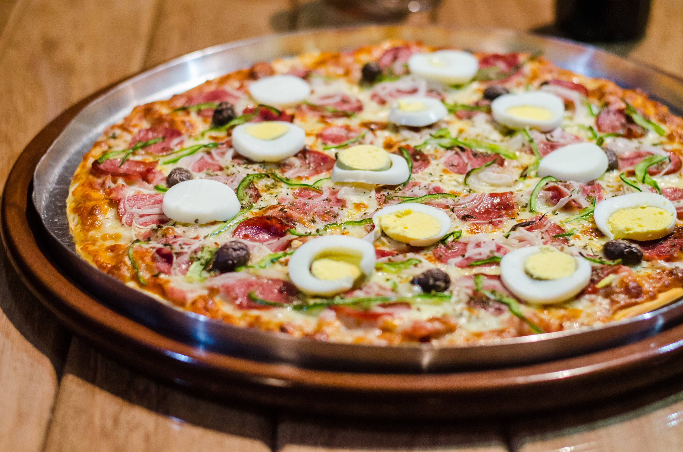 pizza, hard-boiled eggs, olives, 2K Desktop Wallpaper