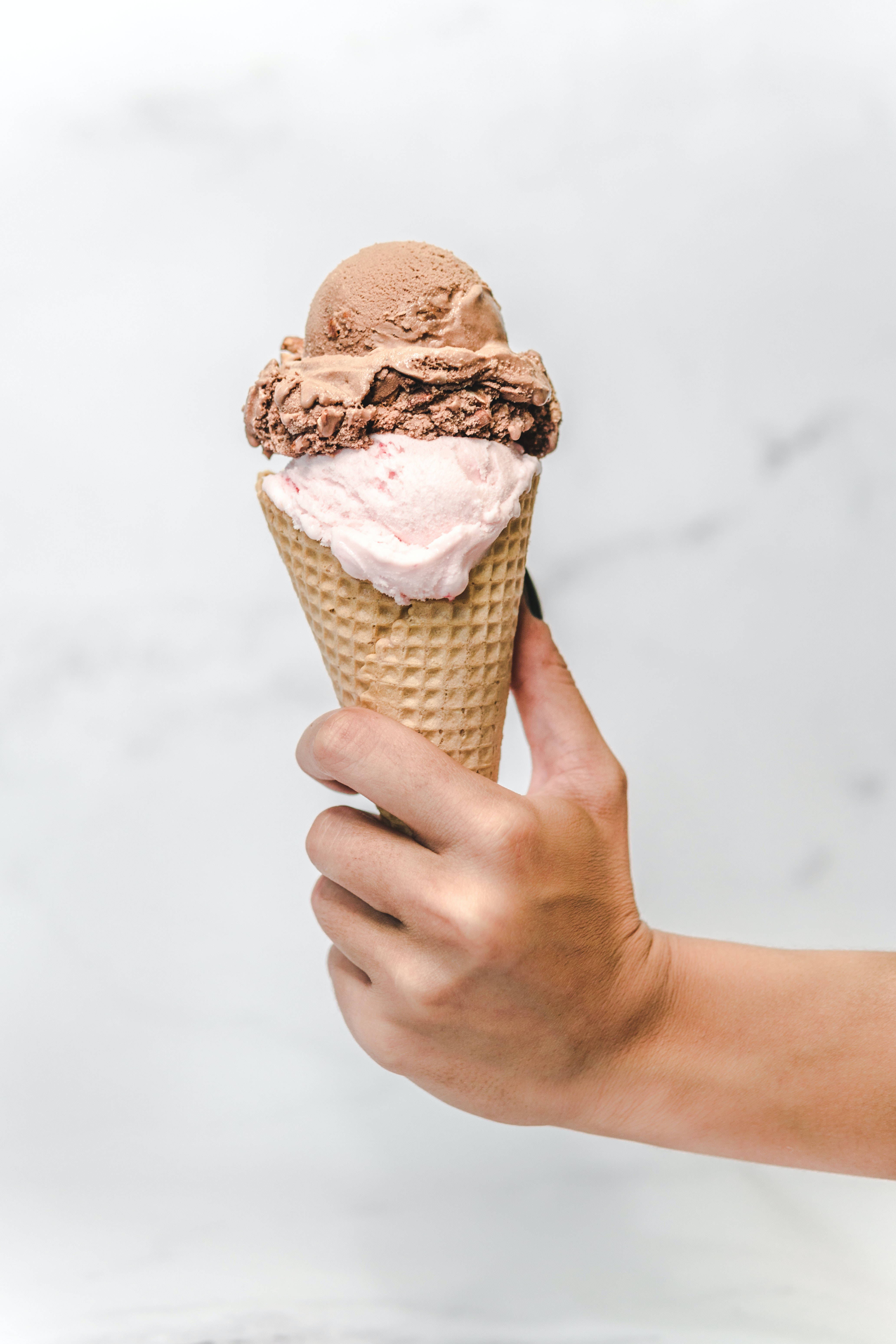 waffle cone, chocolate ice cream, strawberry ice cream, 5K Phone Wallpaper