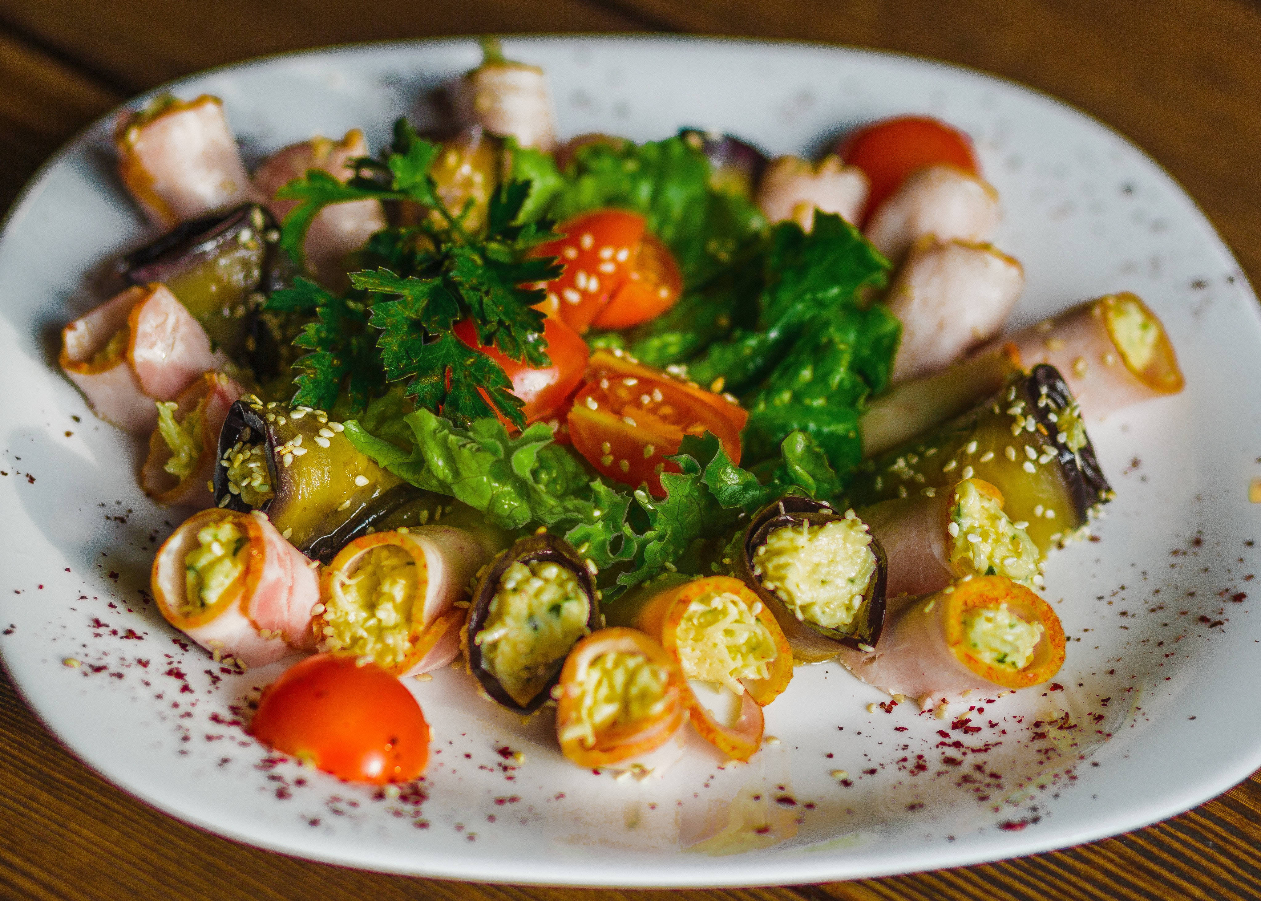 eggplant rolls, ham, cherry tomatoes, 4K Desktop Wallpaper