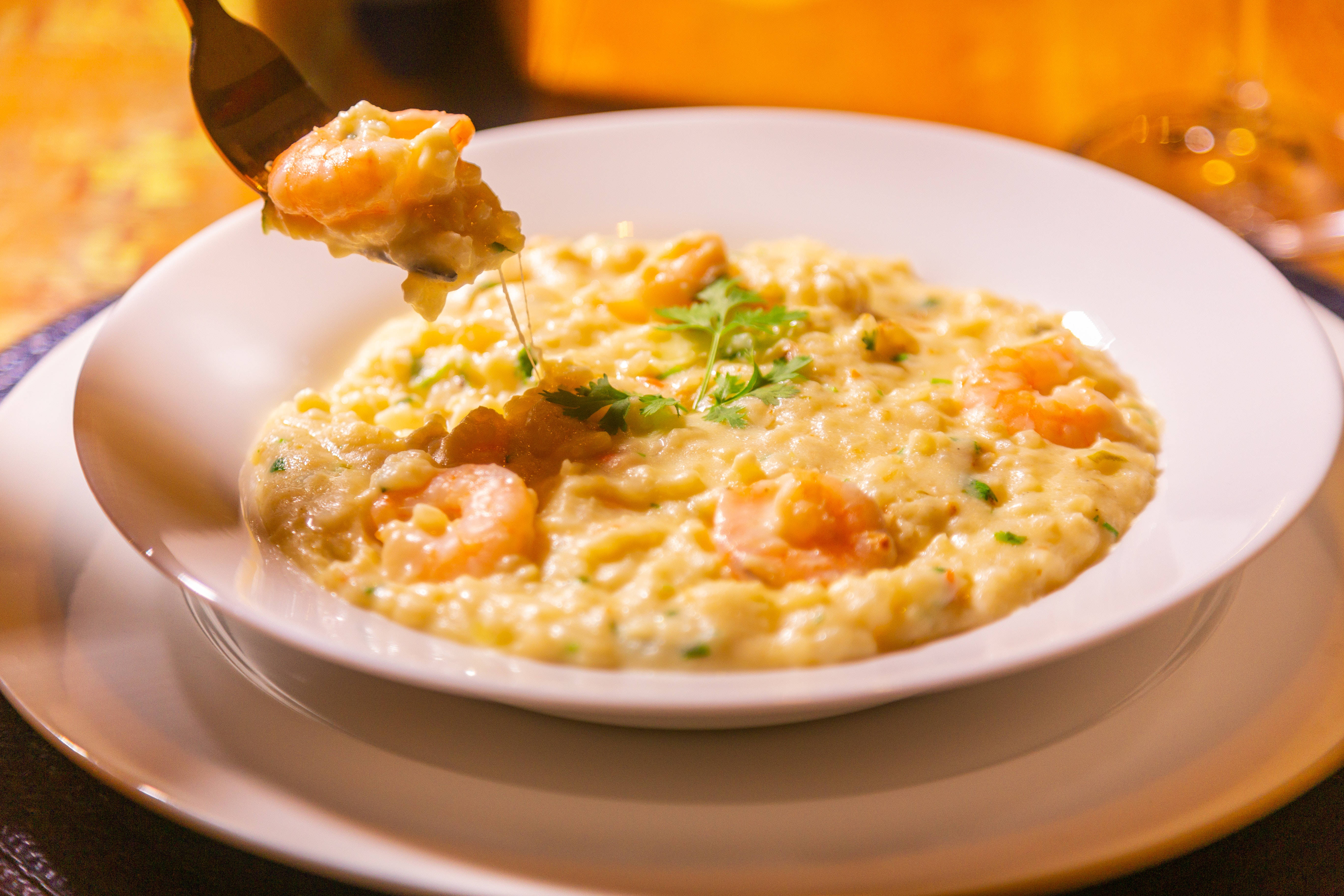 risotto, shrimp risotto, white bowl, 5K Desktop Wallpaper