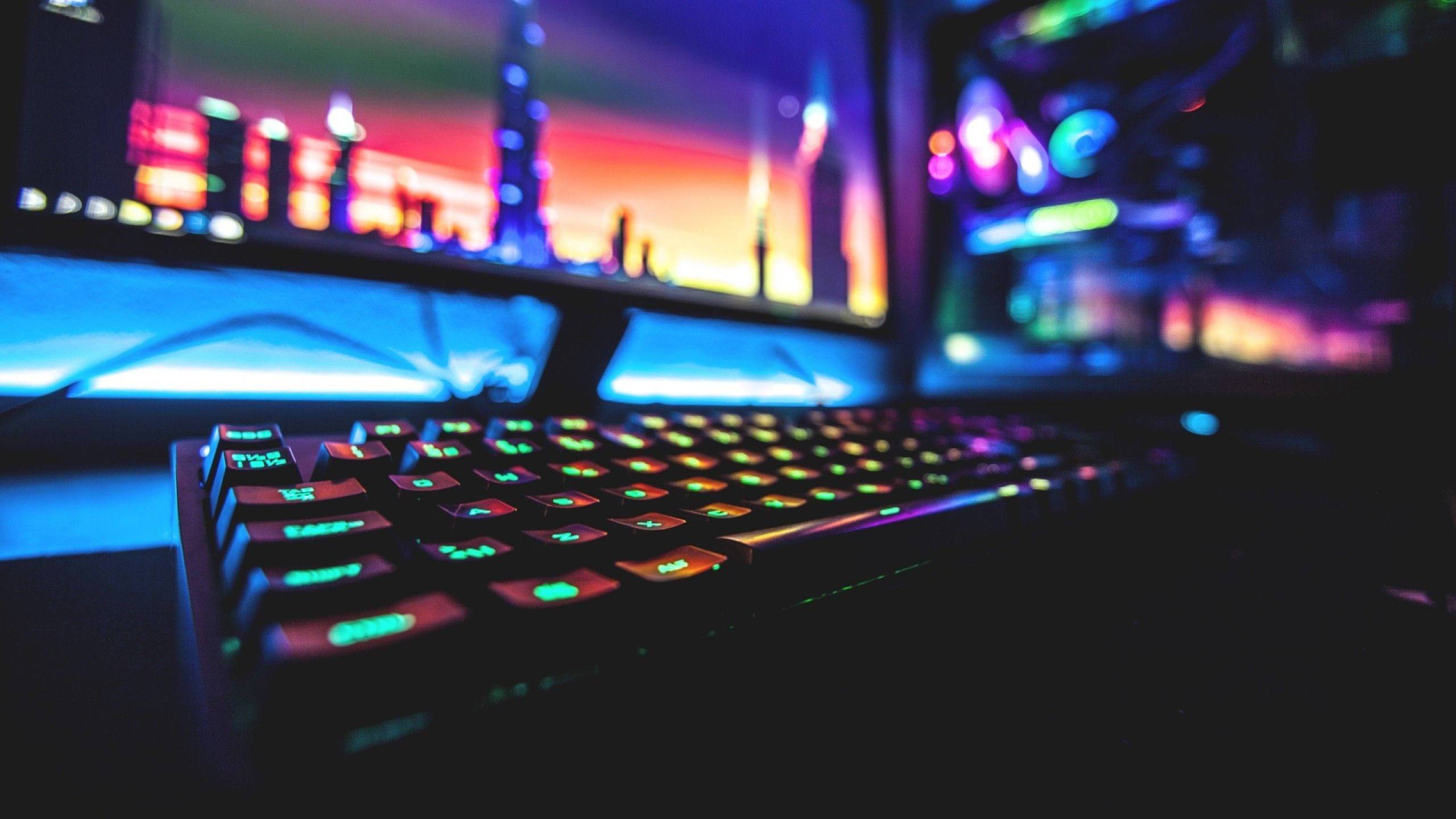 2560x1440 Gaming, RGB keyboard, neon hues, 2K Desktop Wallpaper