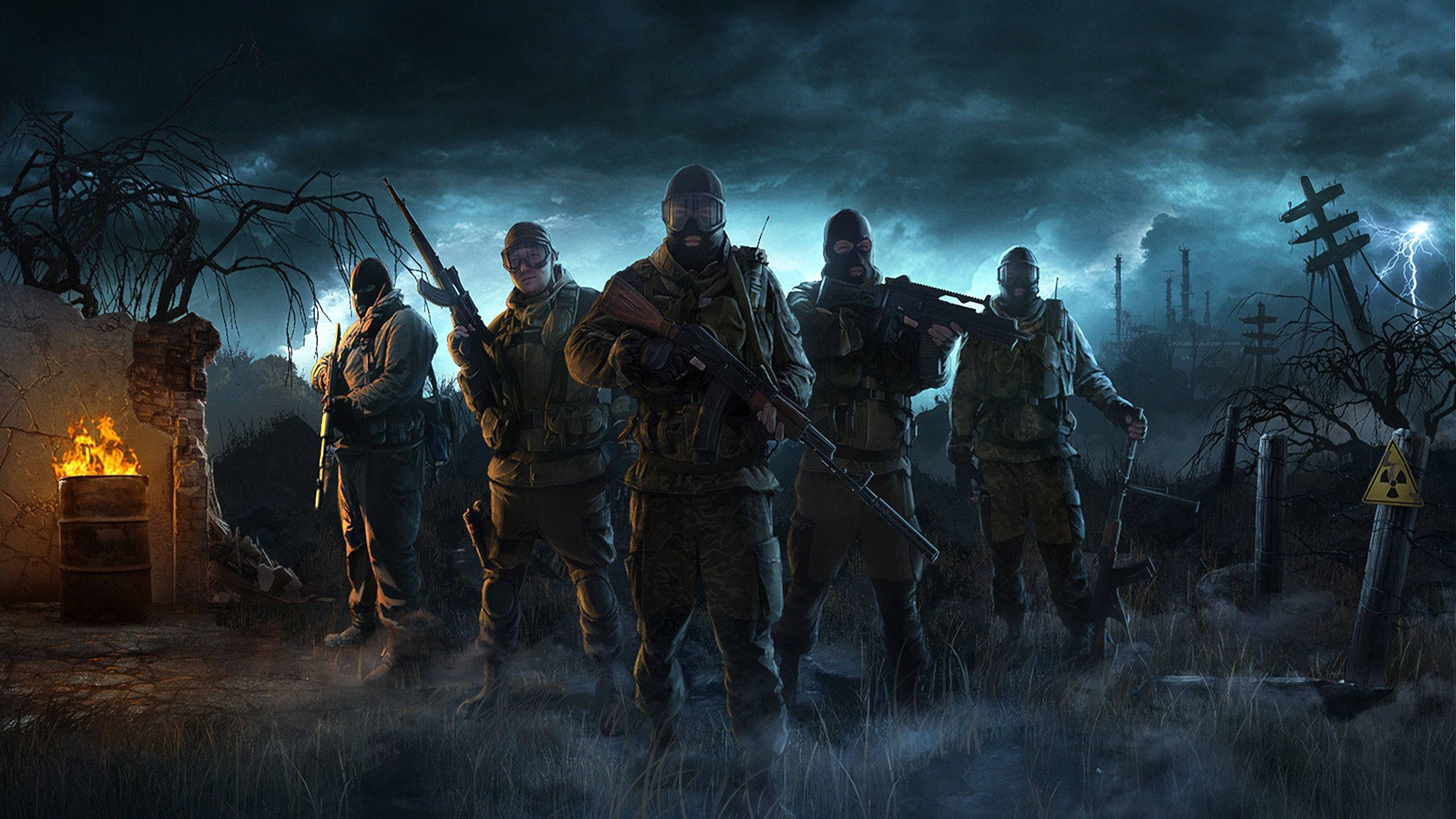 S.T.A.L.K.E.R., Five masked soldiers, dark eerie wasteland, 2K Desktop Wallpaper