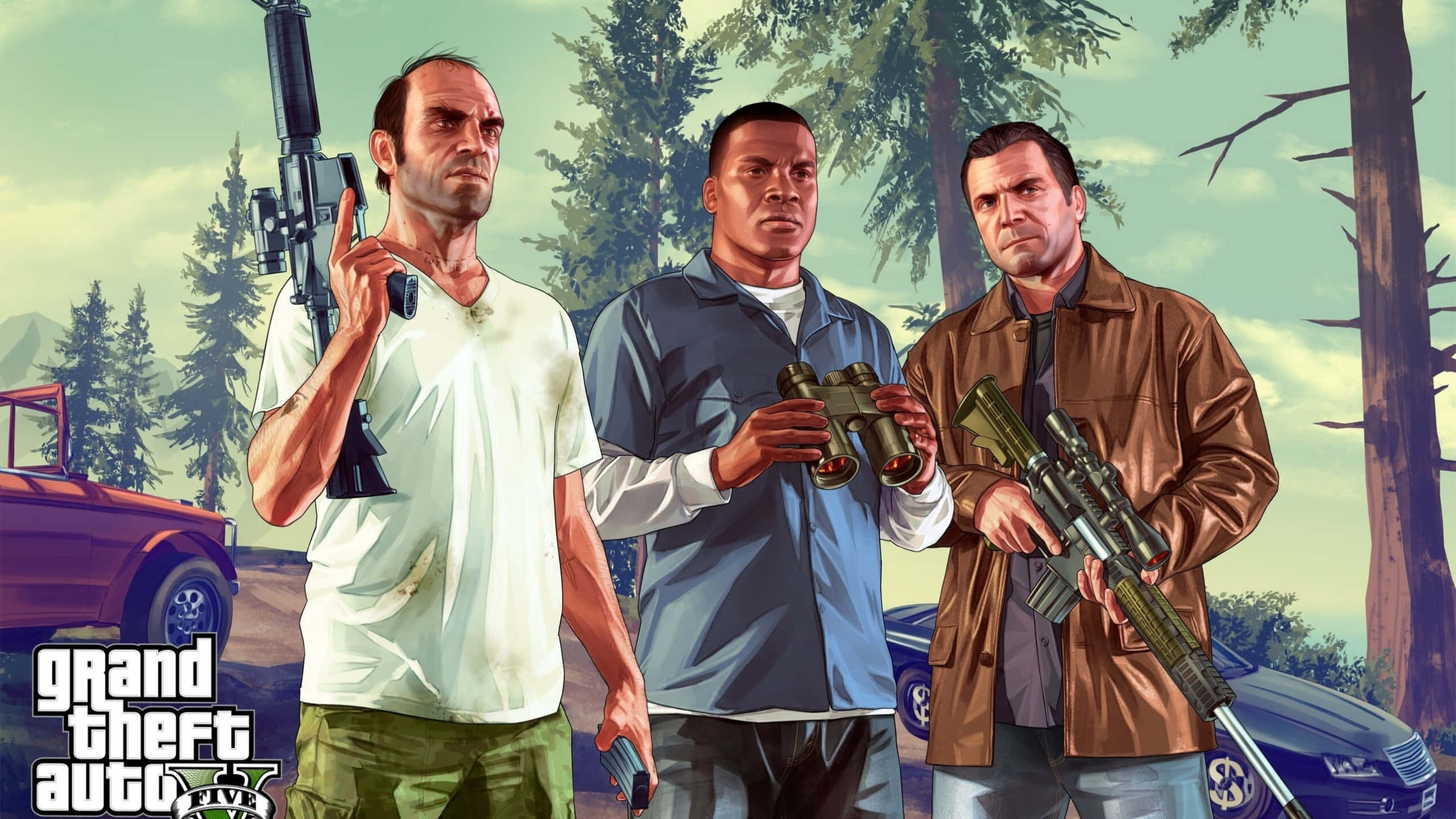 GTA 5, forest clearing, cars, 2K Desktop Wallpaper