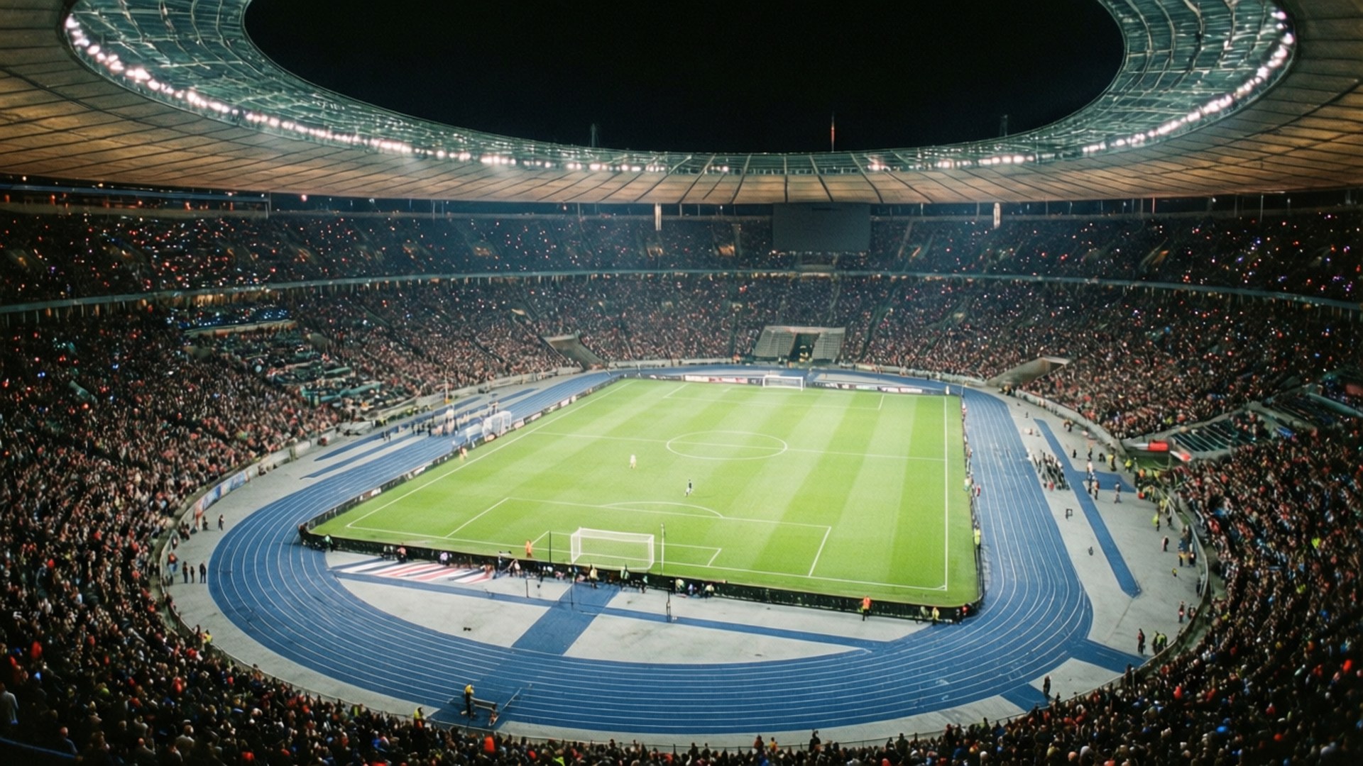 stadium lights, aerial night view, packed soccer stadium, Full HD Desktop Wallpaper