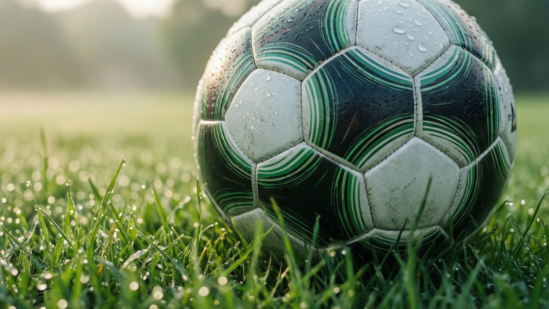 soccer ball, dew drops, grass, Full HD Desktop Wallpaper