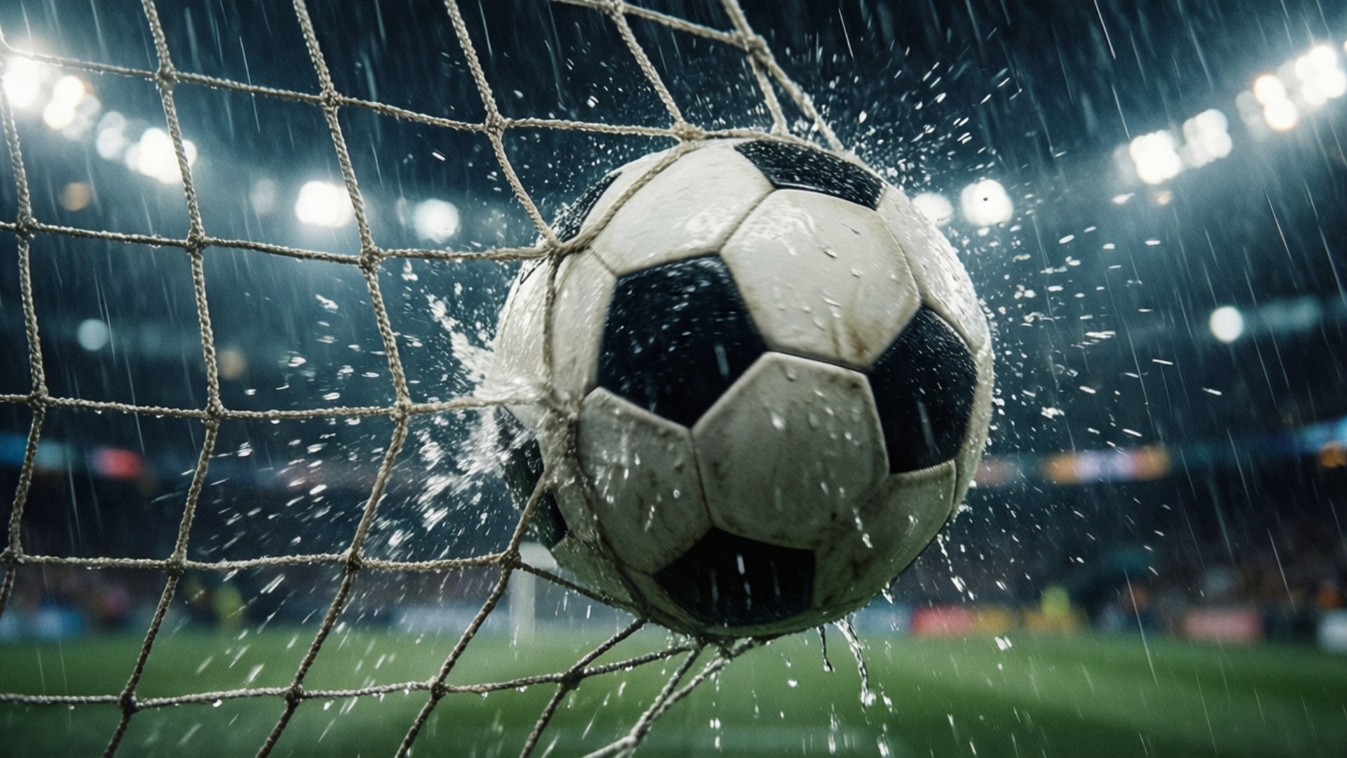 rainy night, soccer ball, rain-drenched net, Full HD Desktop Wallpaper