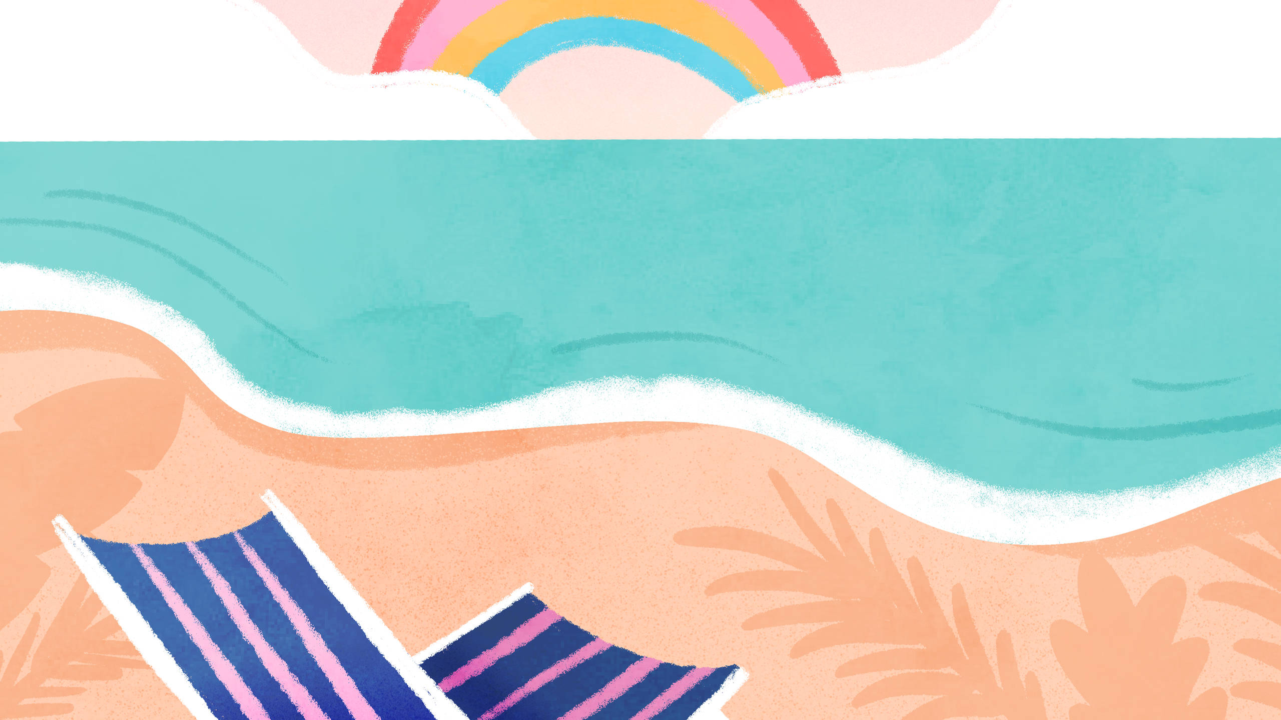 2560x1440 summer beach illustration, striped lounge chair, turquoise waves, 2K Desktop Wallpaper