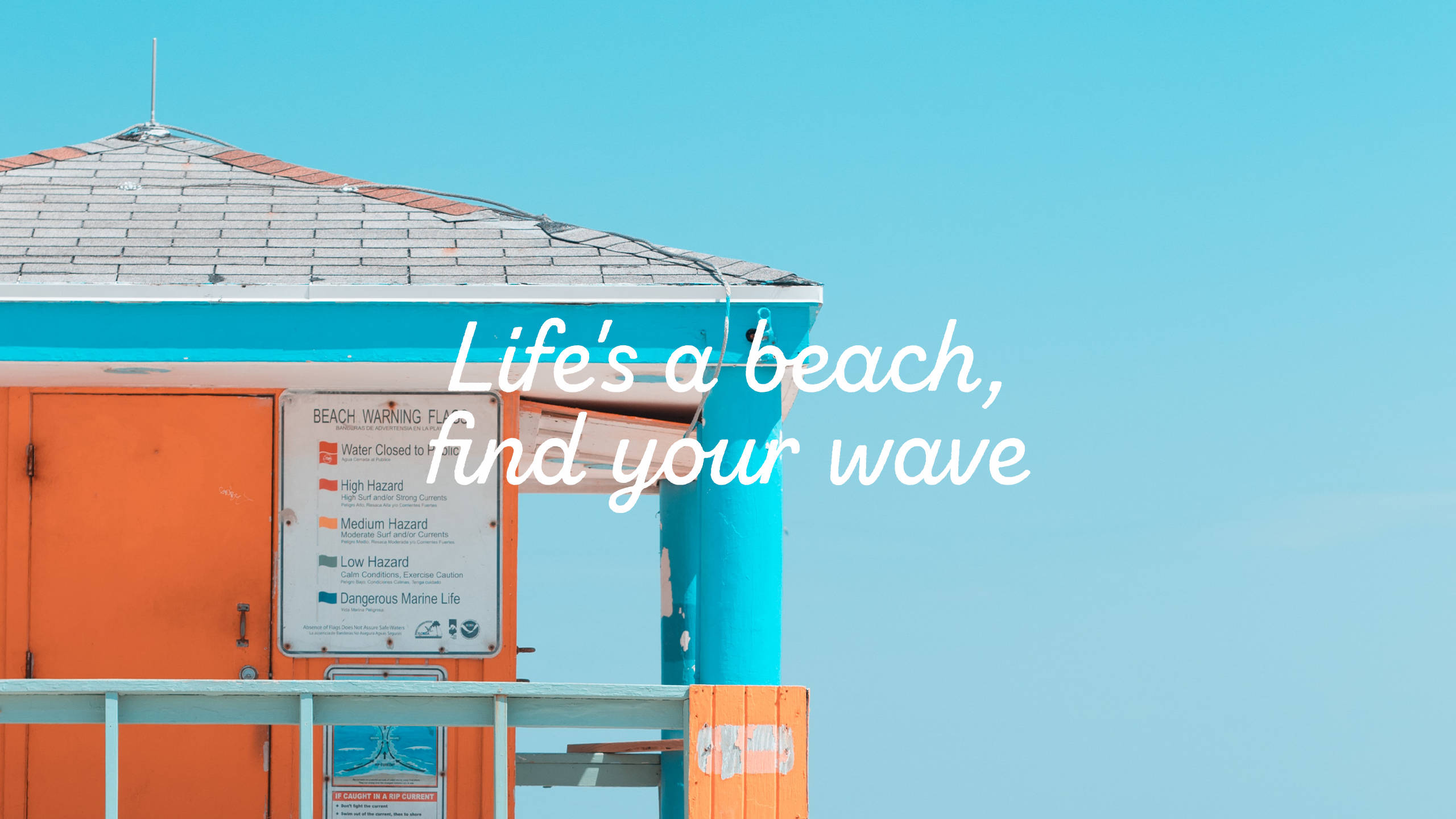 2560x1440 summer, beach lifeguard tower, vibrant orange and teal, 2K Desktop Wallpaper