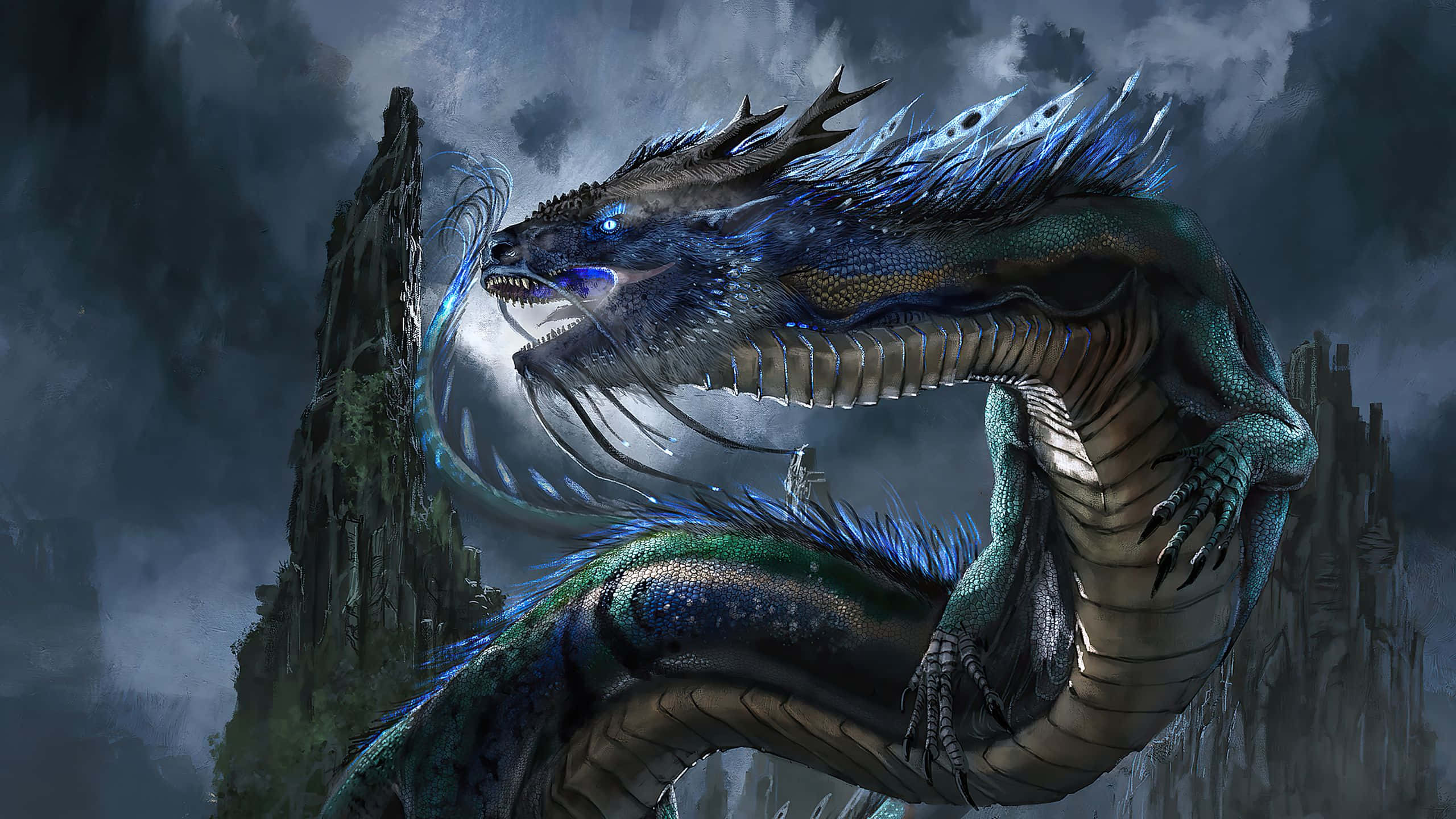 2560x1440, blue and green dragon, glowing eyes, 2K Desktop Wallpaper
