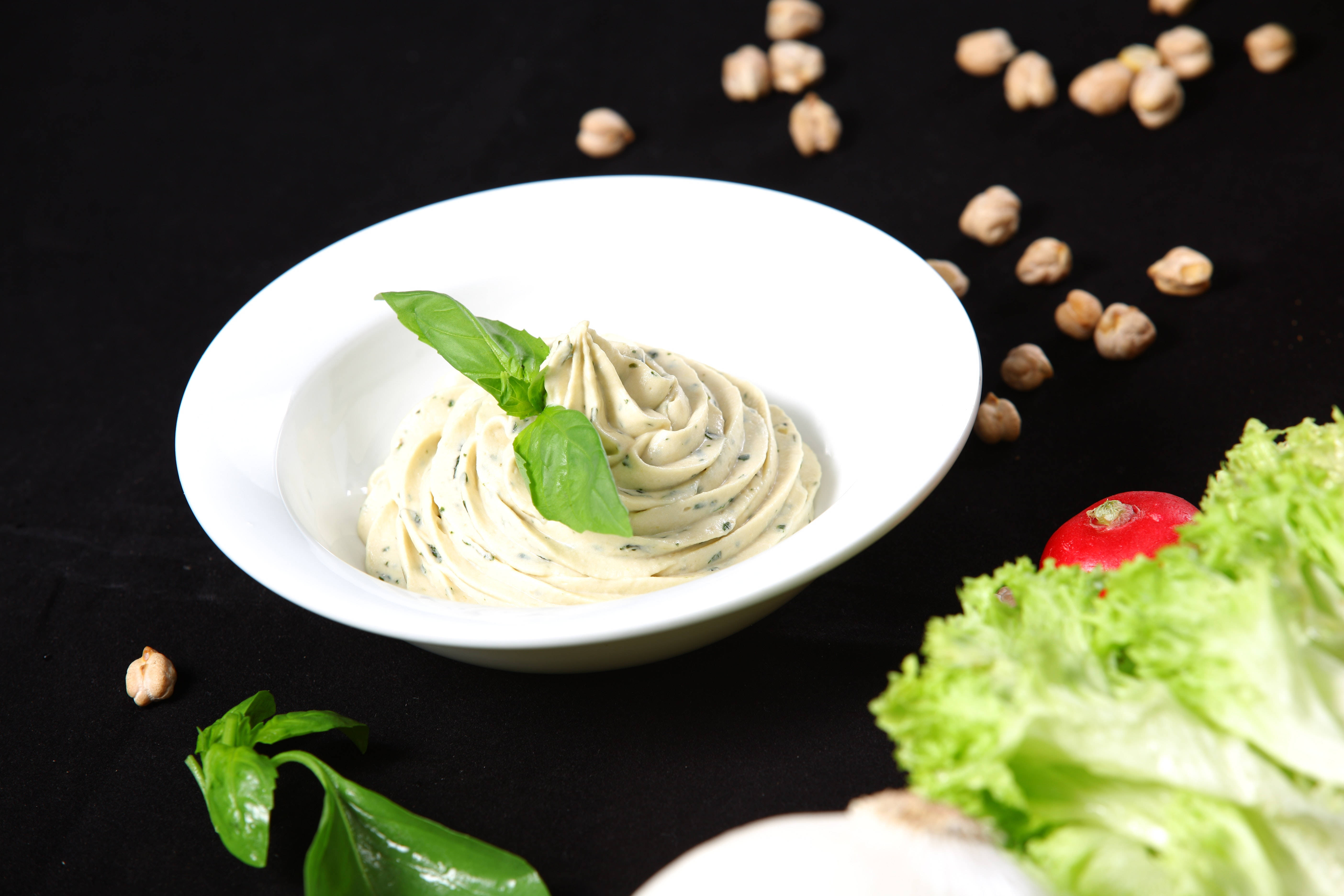hummus, white bowl, basil leaves, 5K Desktop Wallpaper