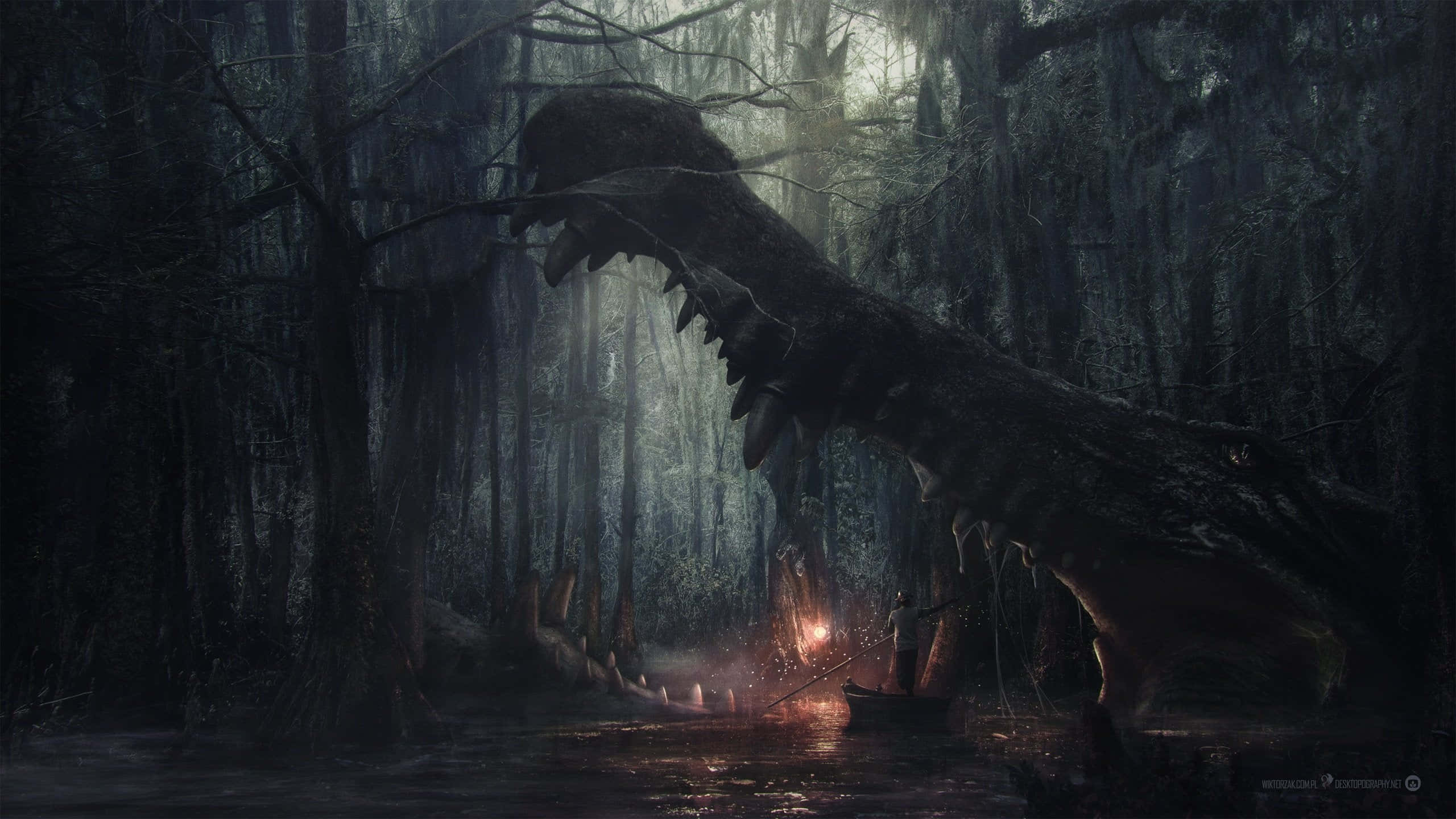 2560x1440, giant monster, moss-covered dinosaur skeleton, 2K Desktop Wallpaper
