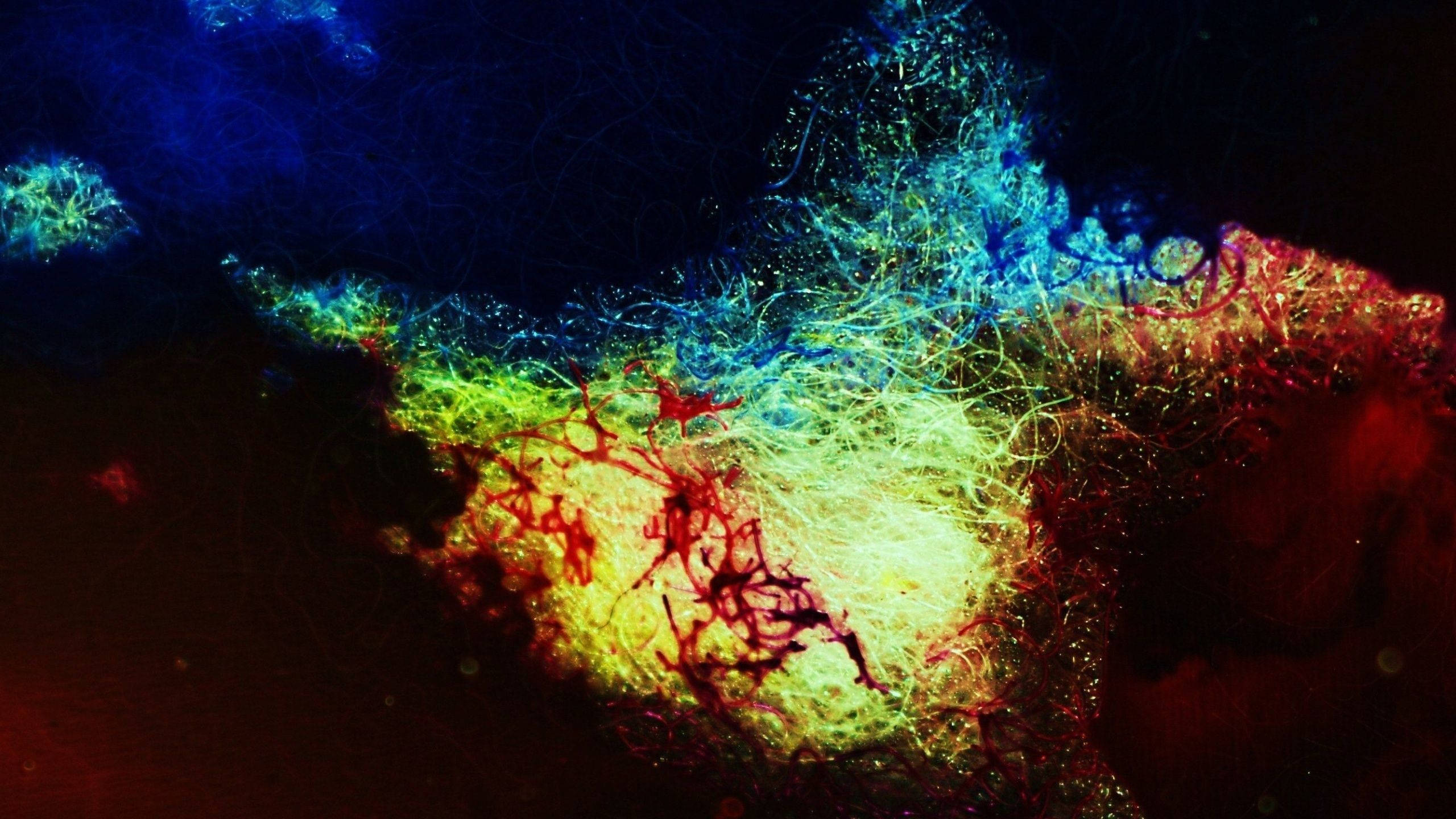 cosmic nebula, glowing filaments, blue green yellow red, 2K Desktop Wallpaper