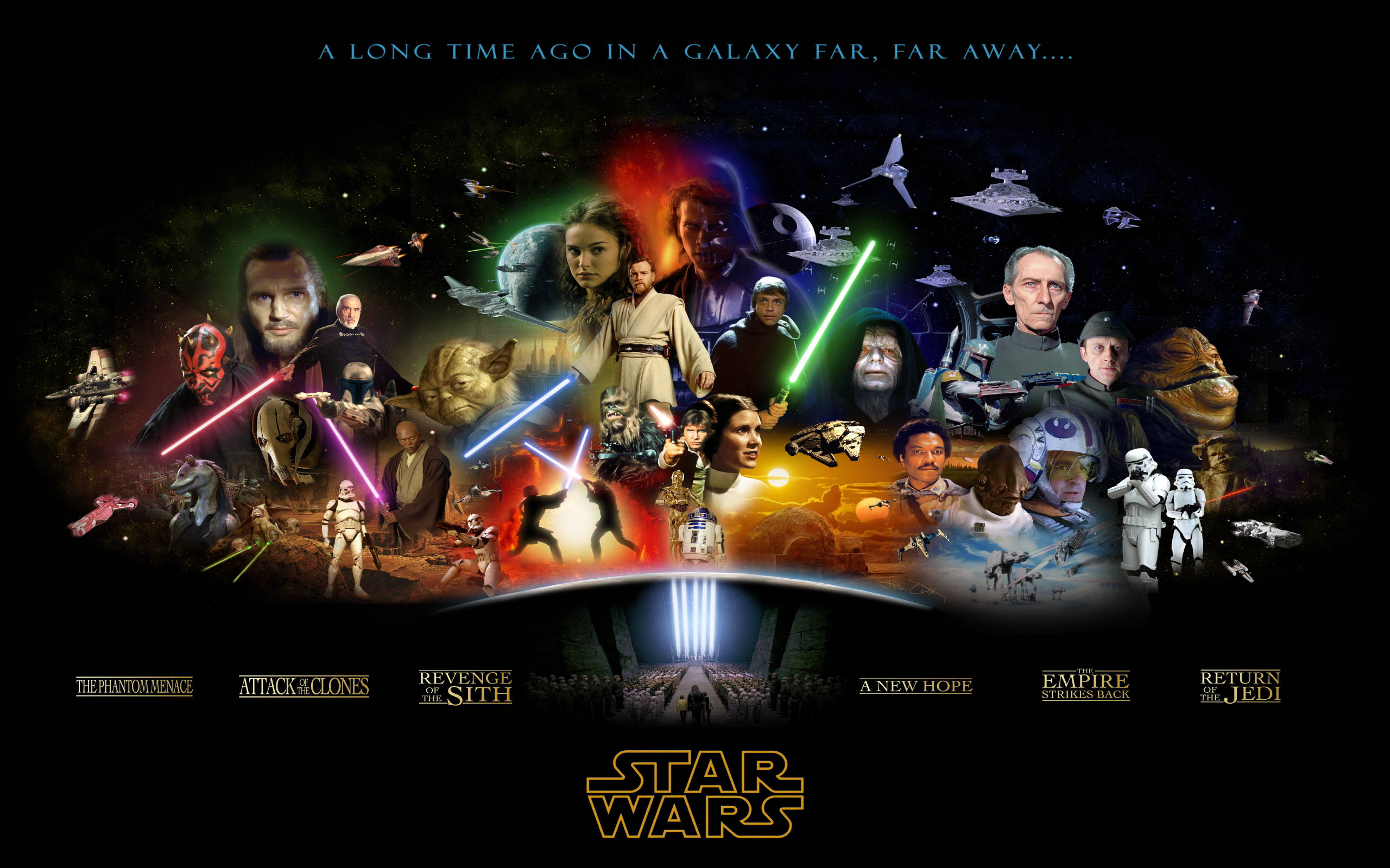 Star Wars, cosmic backdrop, glowing lightsabers, 2K Desktop Wallpaper