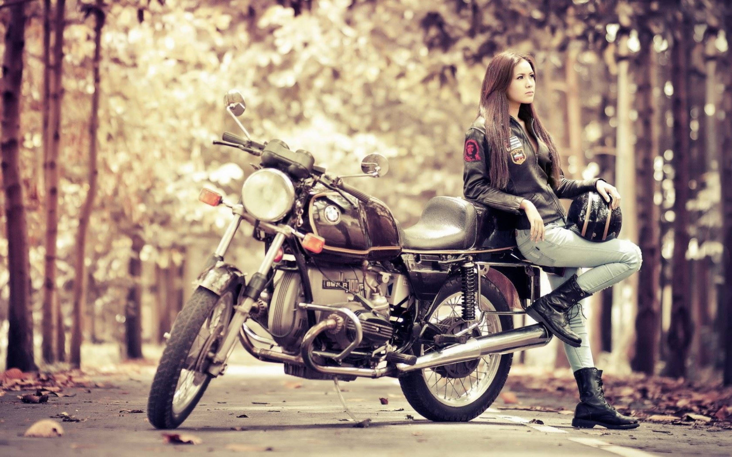 woman, leather jacket, vintage motorcycle, 2K Desktop Wallpaper