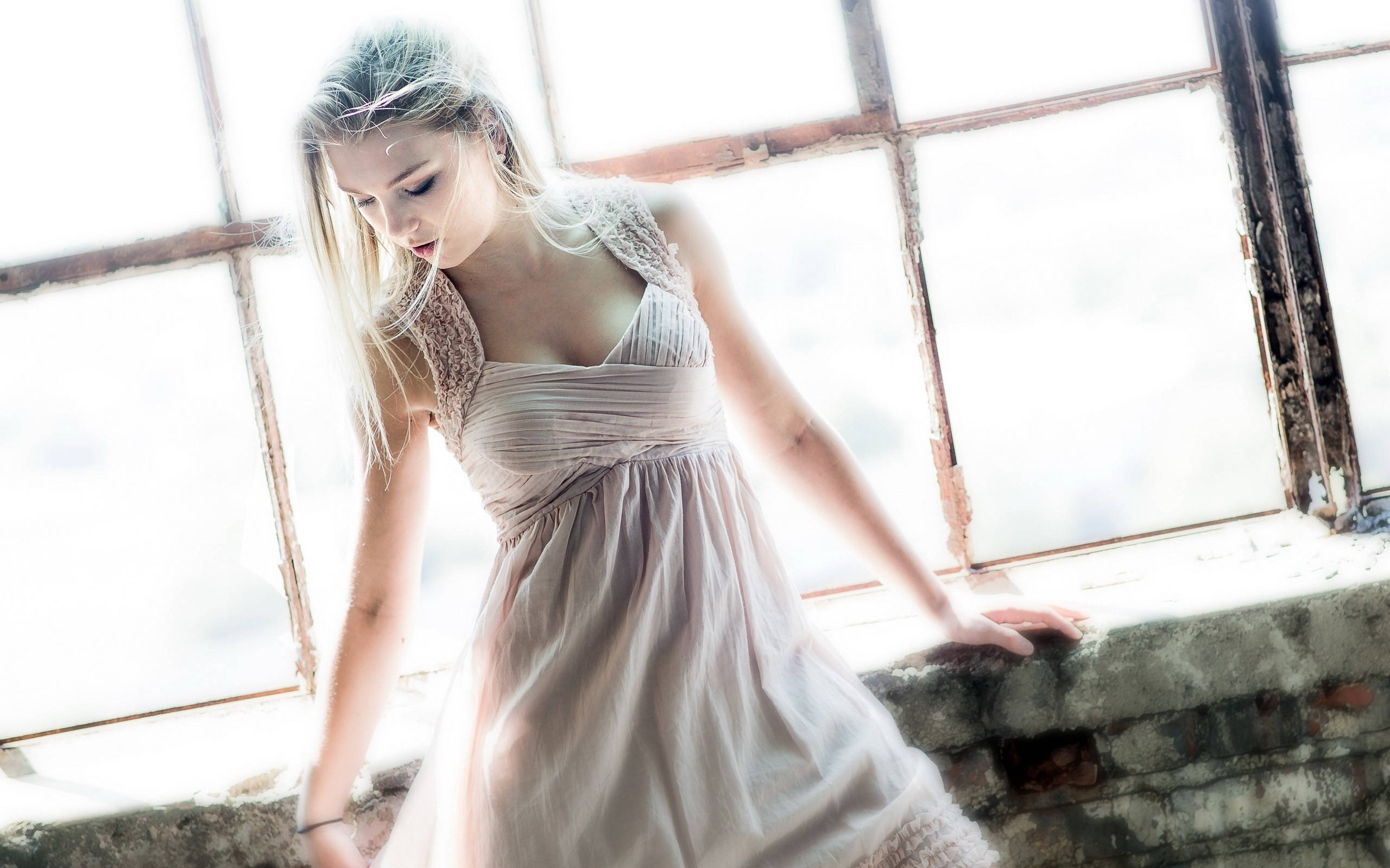 ethereal woman, warehouse, delicate pink dress, 2K Desktop Wallpaper