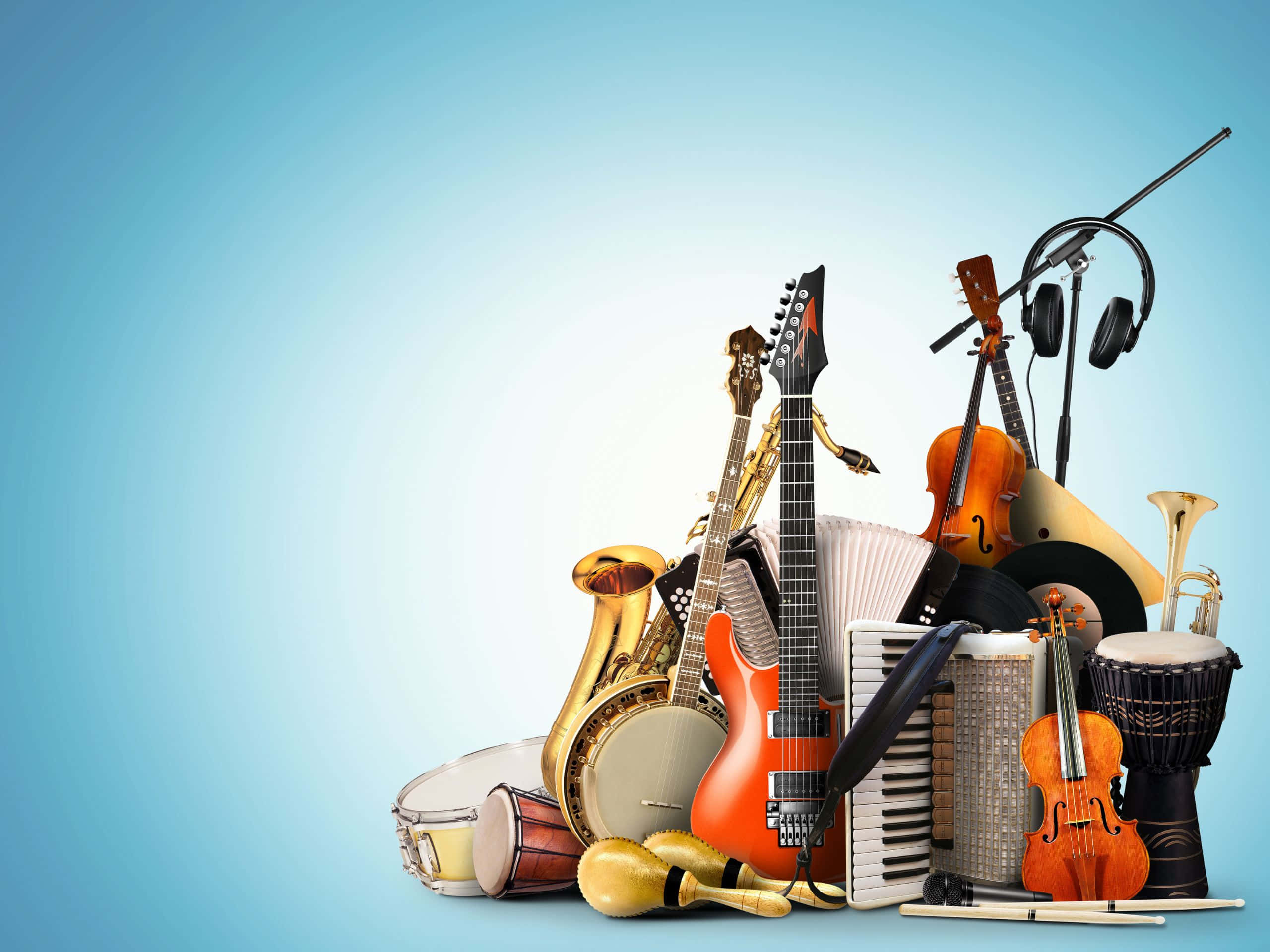 2560x1920, soft blue gradient background, musical instruments, 2K Desktop Wallpaper