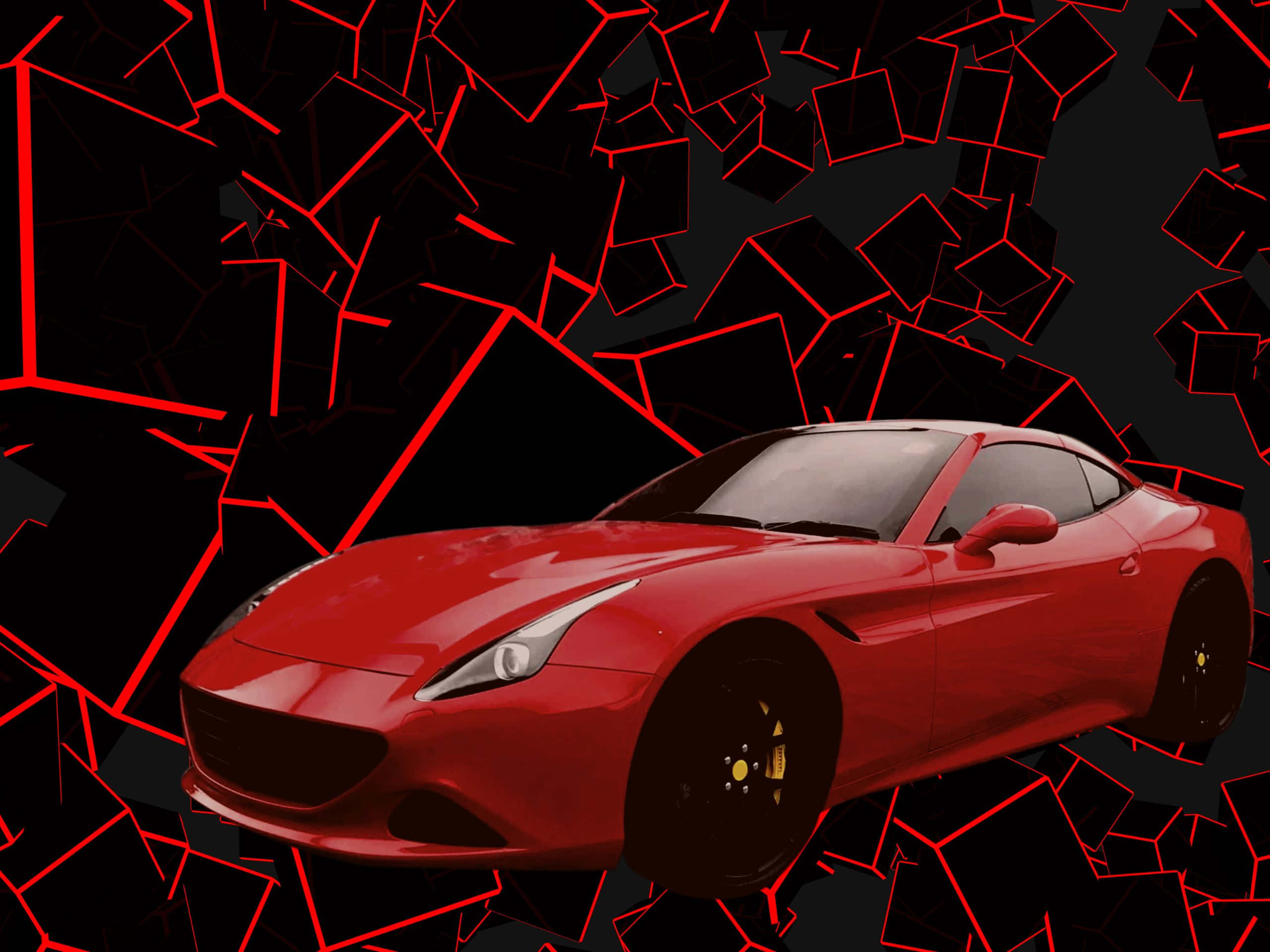 2560x1920, sleek red sports car, shattered black and red geometric background, 2K Desktop Wallpaper