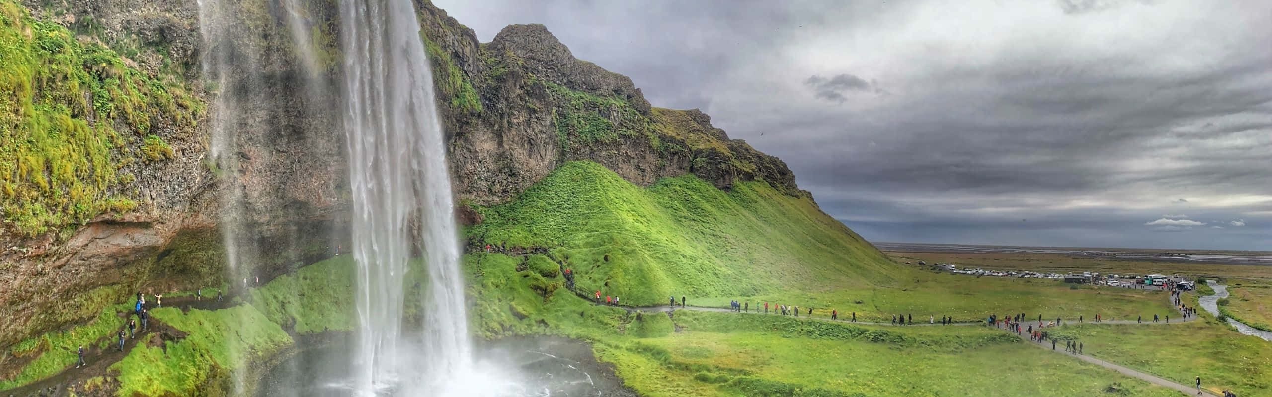 2560x800, waterfall, mossy cliff, 2K Desktop Wallpaper
