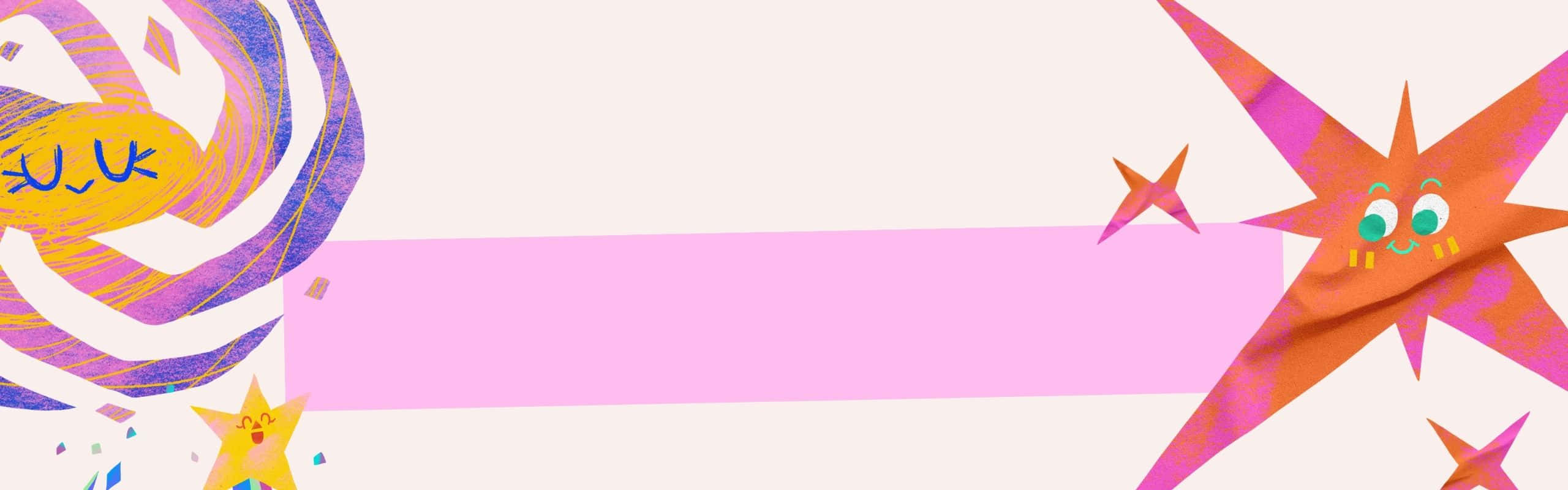 2560x800, soft pink background, smiling star characters, 2K Desktop Wallpaper