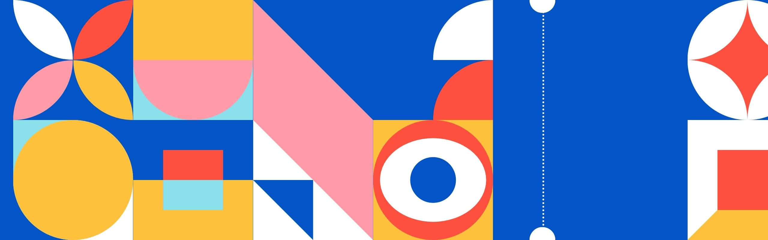 2560x800, deep blue background, vibrant abstract geometric shapes, 2K Desktop Wallpaper