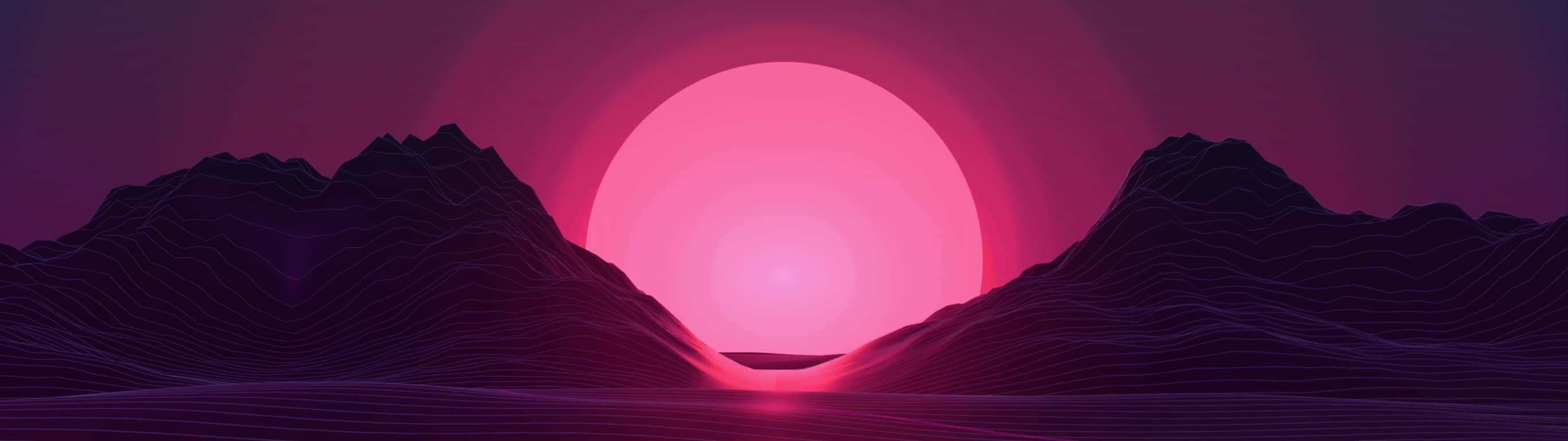2732 x 768, glowing pink sun, purple mountain ridges, 2K Desktop Wallpaper