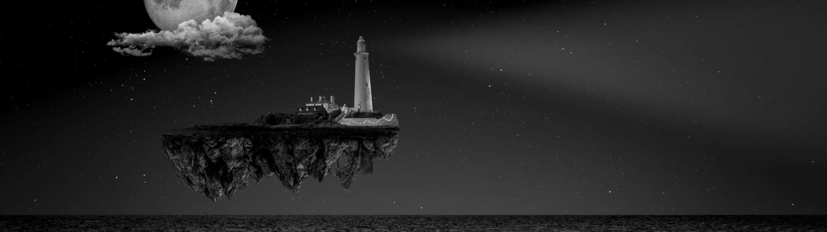 2732 x 768, floating island, lighthouse, 2K Desktop Wallpaper