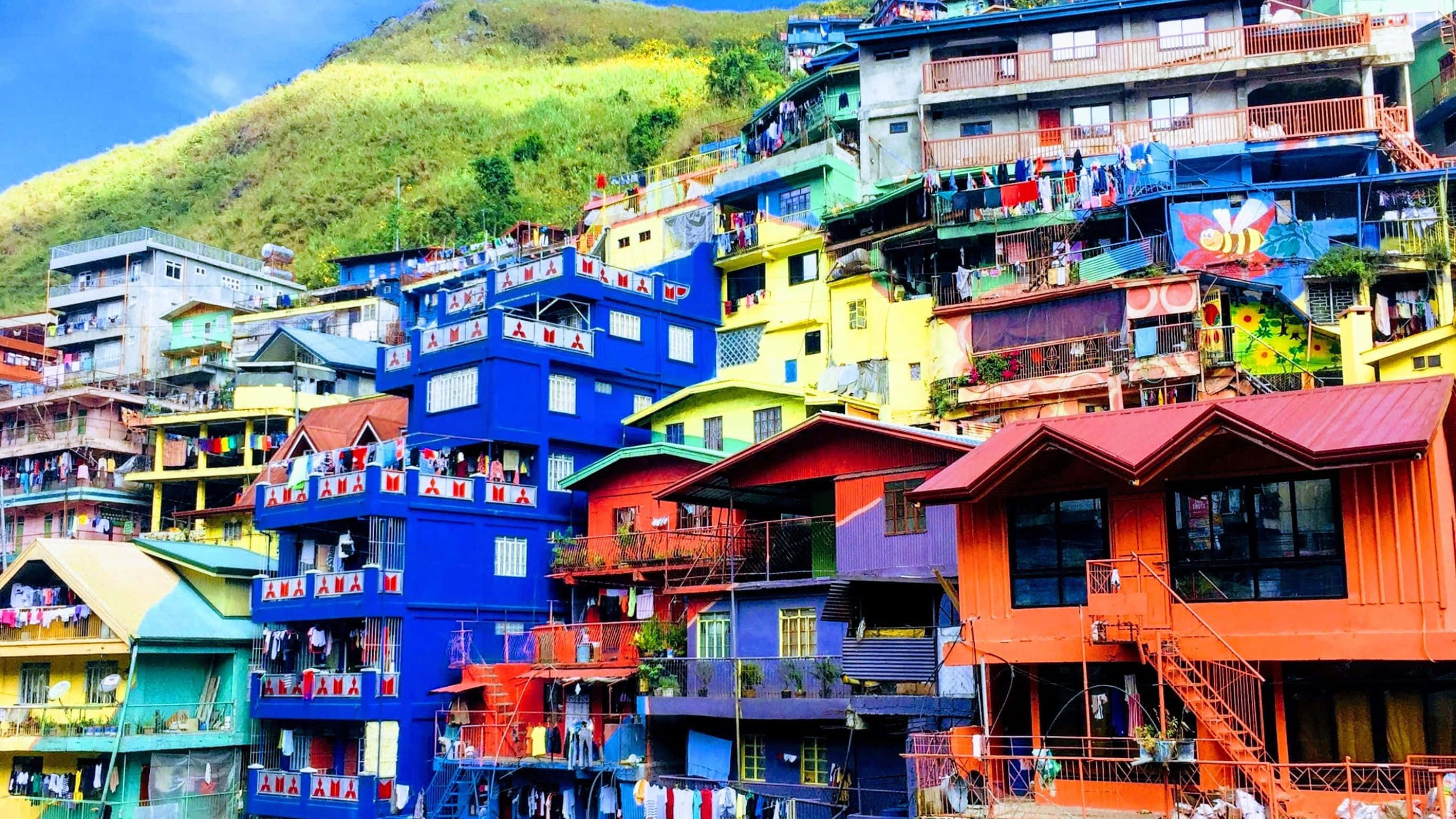 2732x1536, multicolored houses, lush green hillside, 2K Desktop Wallpaper