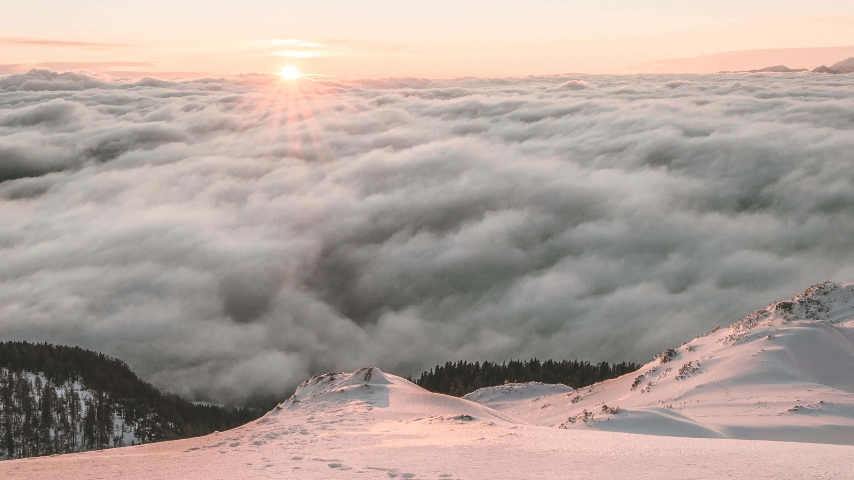 2732x1536, Sunrise, snowcapped peaks, 2K Desktop Wallpaper