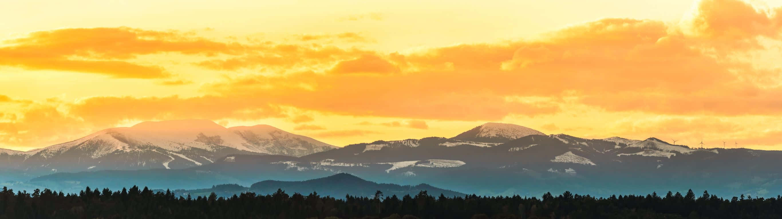 Glowing Sunset, Hills, Snow capped mountains, 2K Desktop Wallpaper