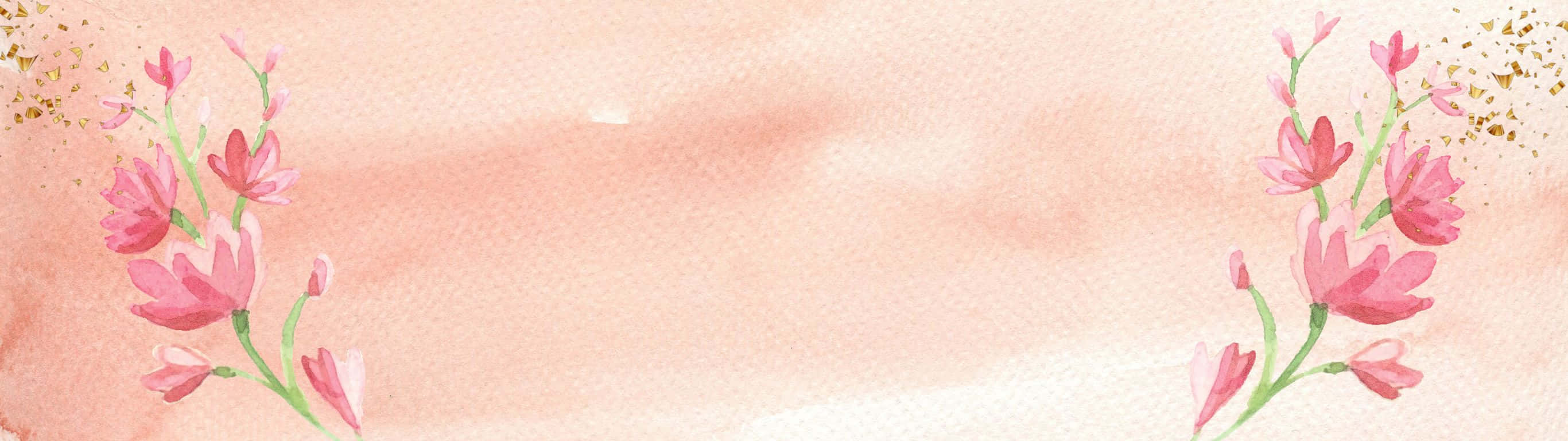 2732x768, soft watercolor pink flowers, gold glitter accents, 2K Desktop Wallpaper