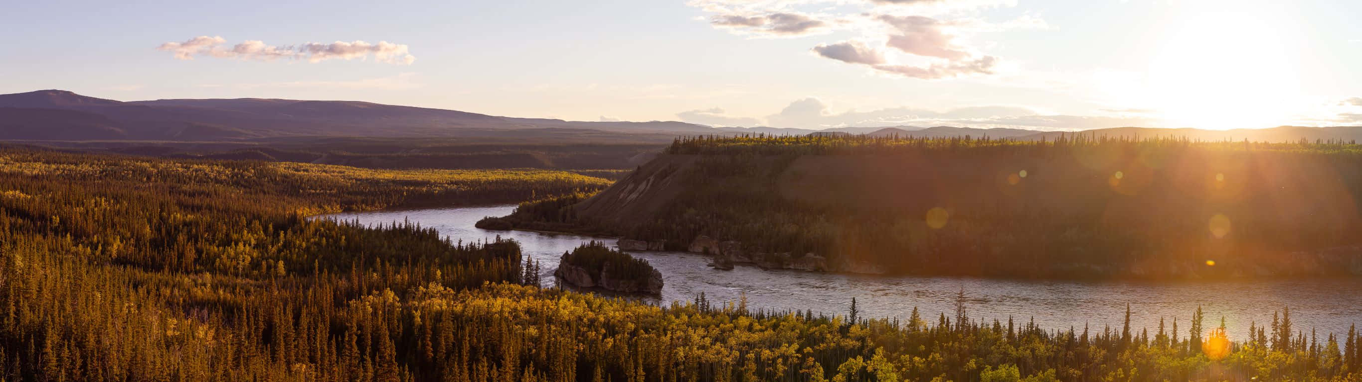 Sunset, winding river, golden autumn forests, 2K Desktop Wallpaper
