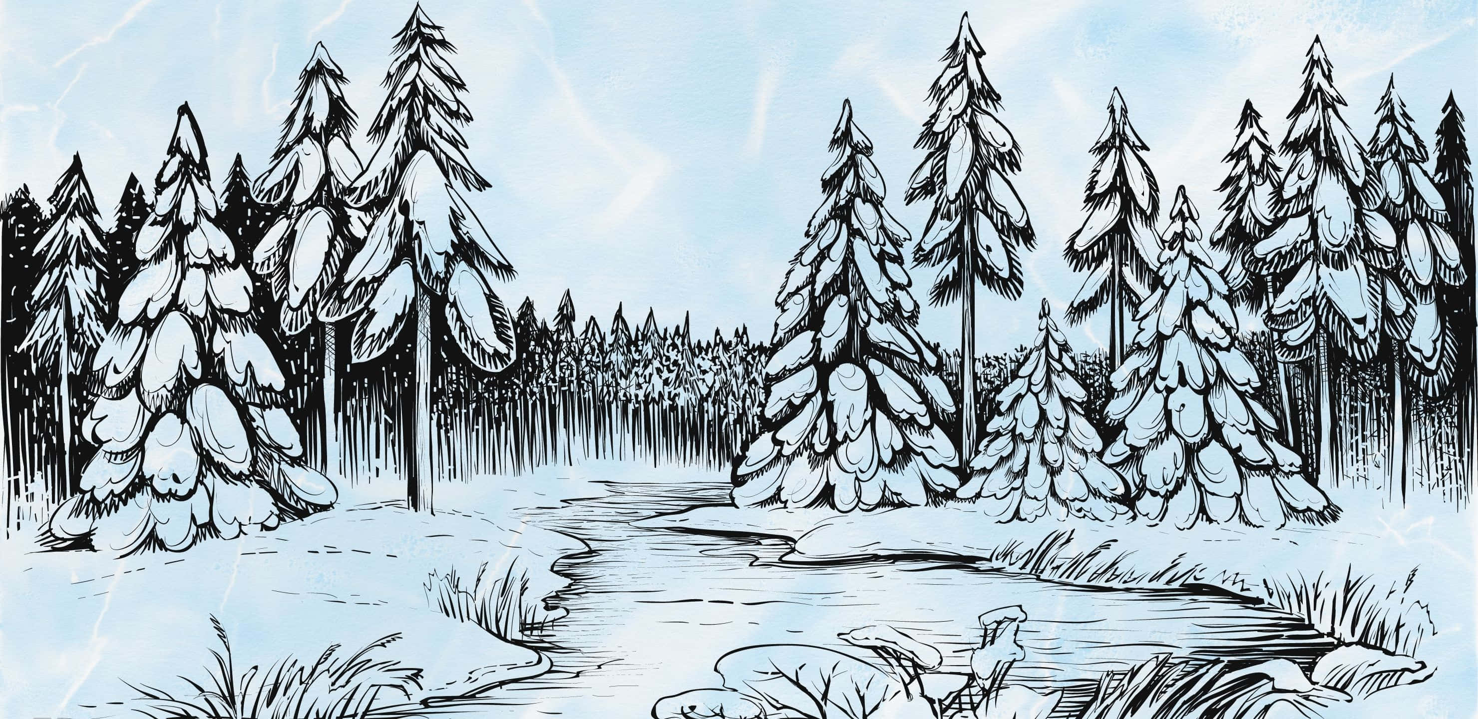 snowy forest, winding creek, snow-covered pine trees, 2K Desktop Wallpaper