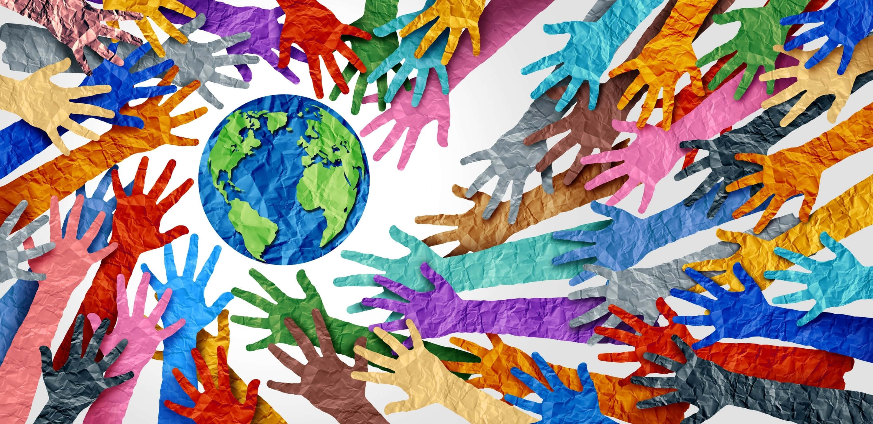 2960x1440, globe, colorful paper hands, 2K Desktop Wallpaper