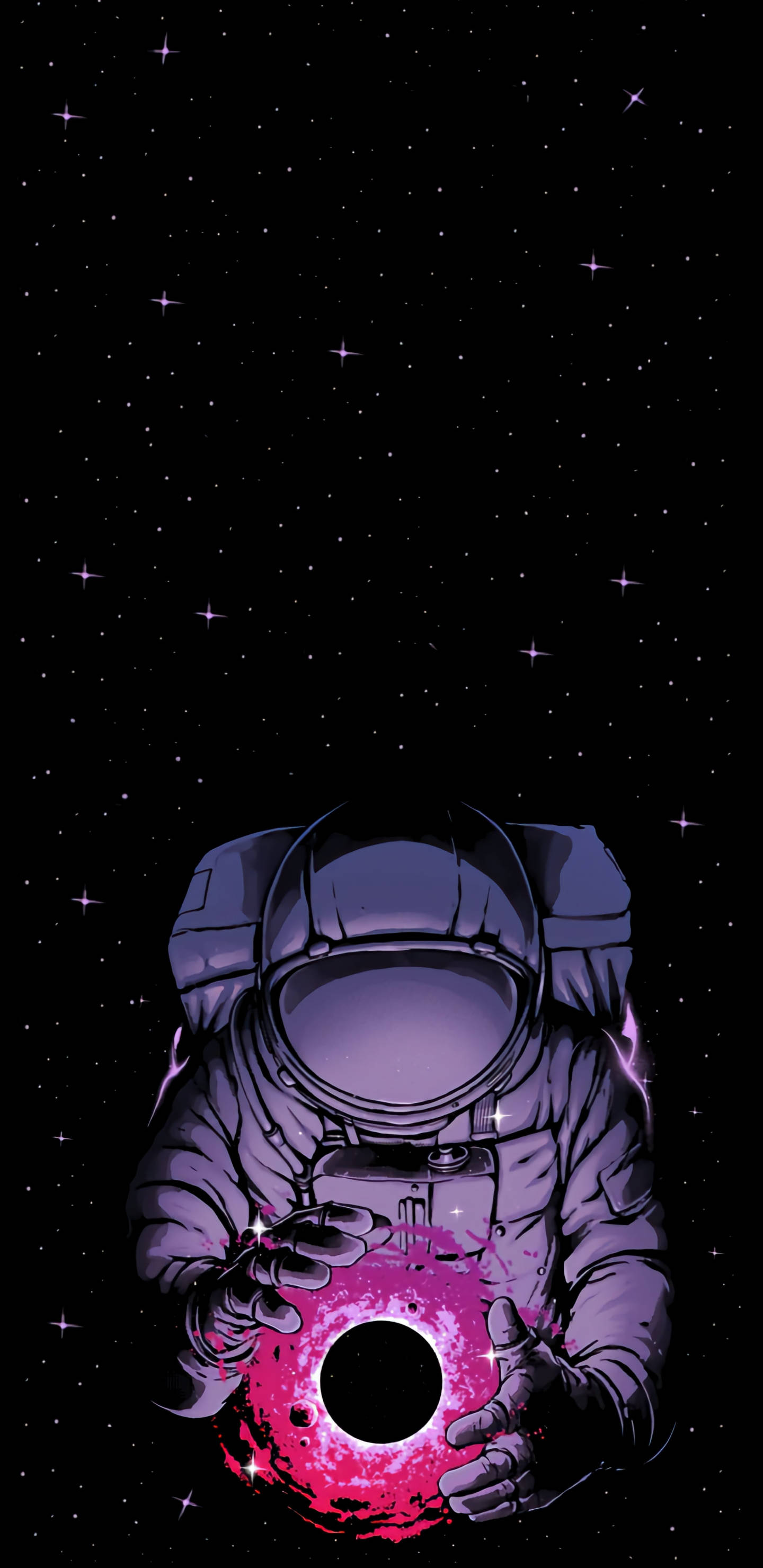 astronaut, purple suit, glowing pink planet, 2K Phone Wallpaper