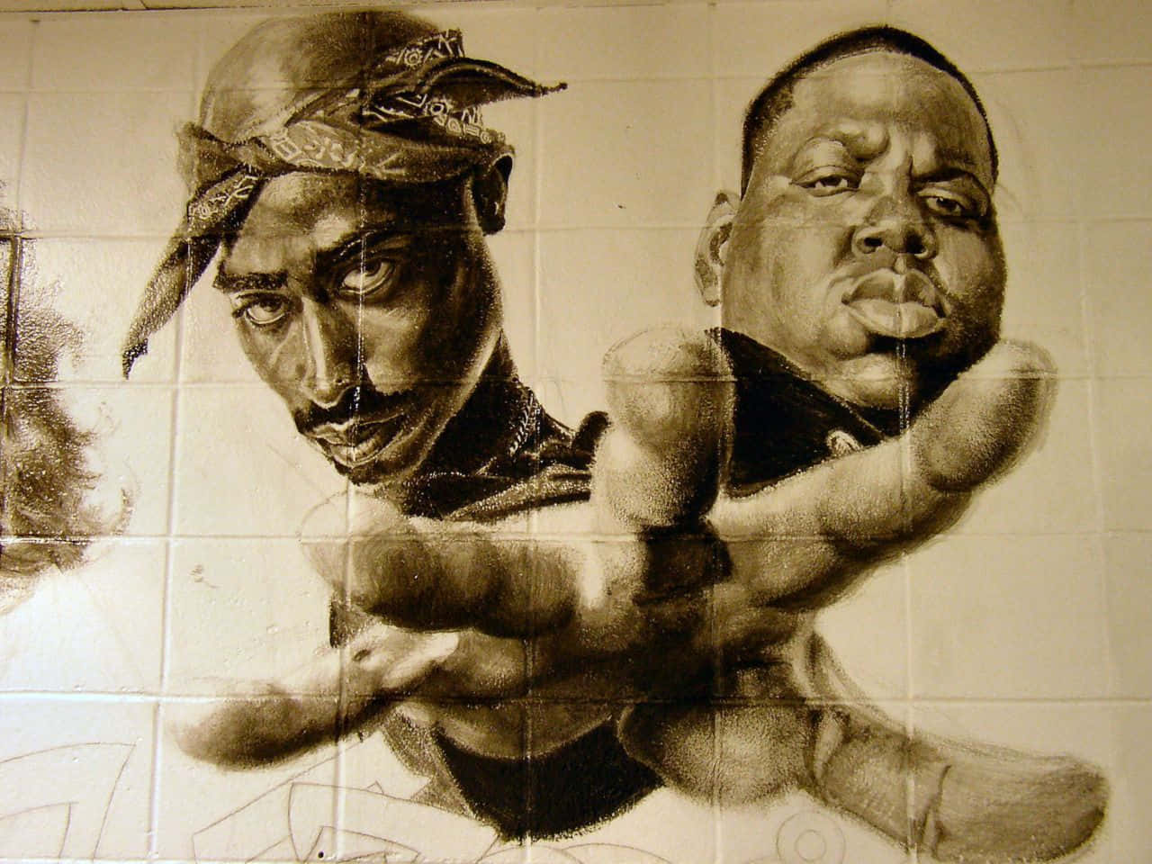 2pac, Biggie, charcoal mural, HD Desktop Wallpaper