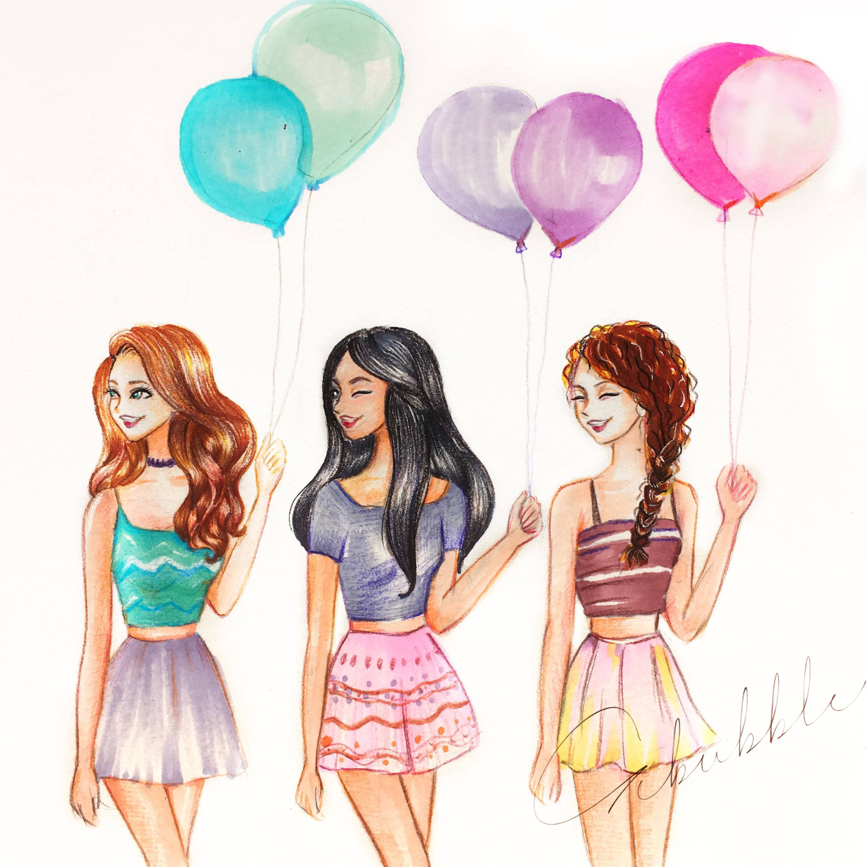 3 Best Friends, color pen art, soft watercolor style, 2K Desktop Wallpaper