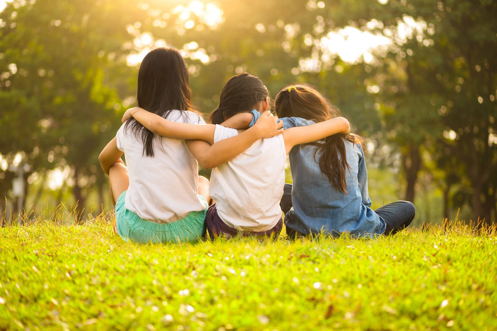 3 Little Girl Best Friends, grass, golden sunlight, Full HD Desktop Wallpaper