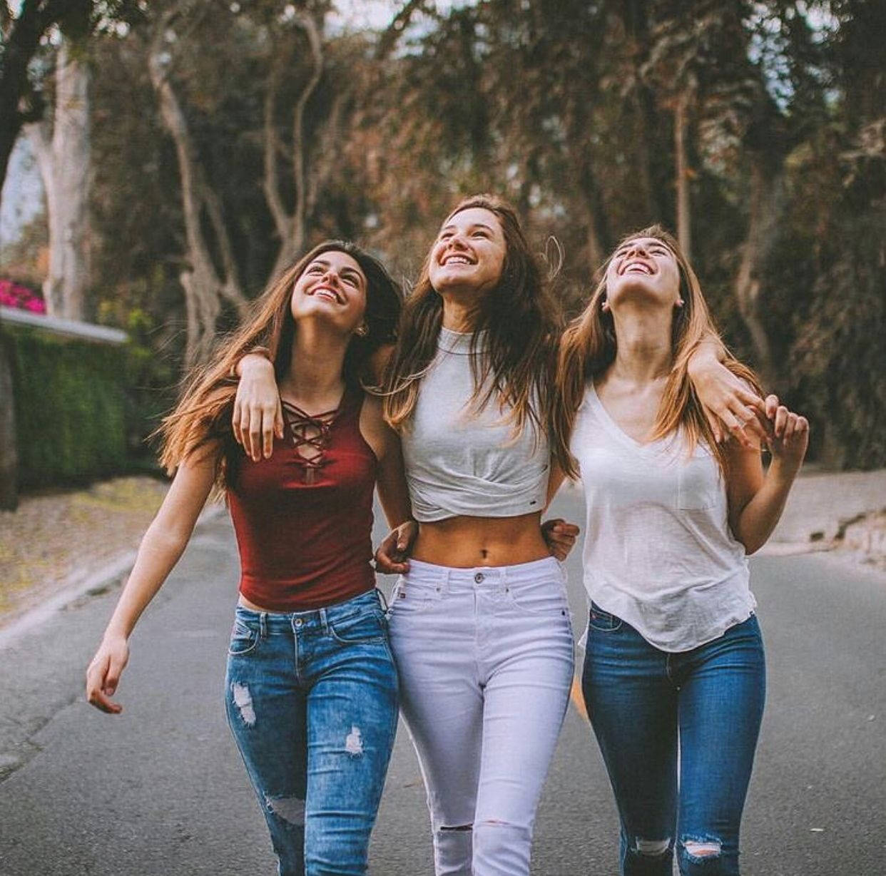 3 Girl Best Friends, tree-lined street, sunny day, SD Desktop Wallpaper