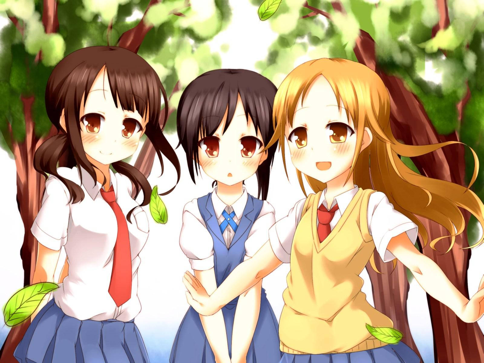 3 Anime Best Friends, school uniforms, leafy green tree, HD Desktop Wallpaper